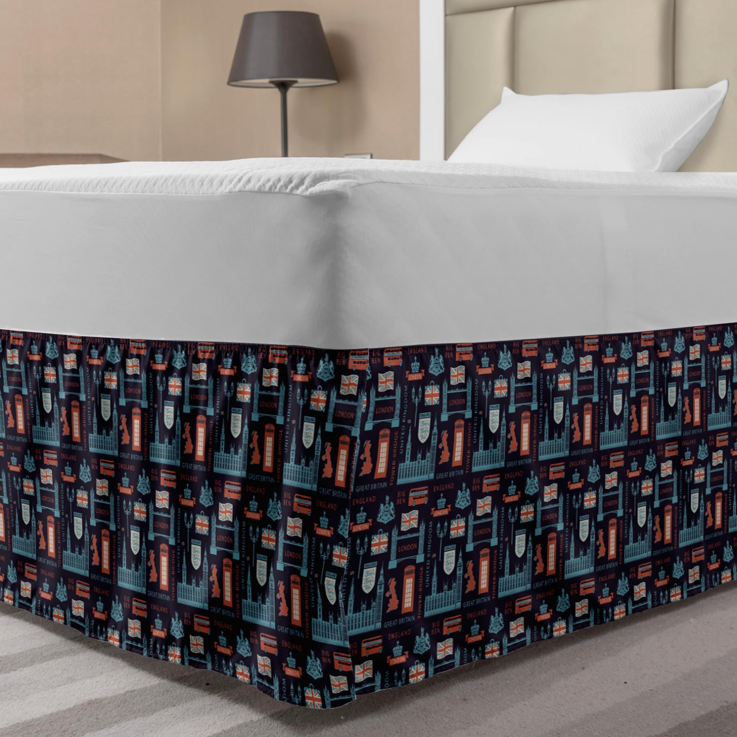 Ambesonne British Themed Phone Booth Bed Skirt - Elastic Wrap Around Dust Ruffle for Twin/Twin XL Beds | Vintage UK Inspired Bedding Decor in Multicolor | Perfect for Themed Bedrooms & British-Inspired Home Decor