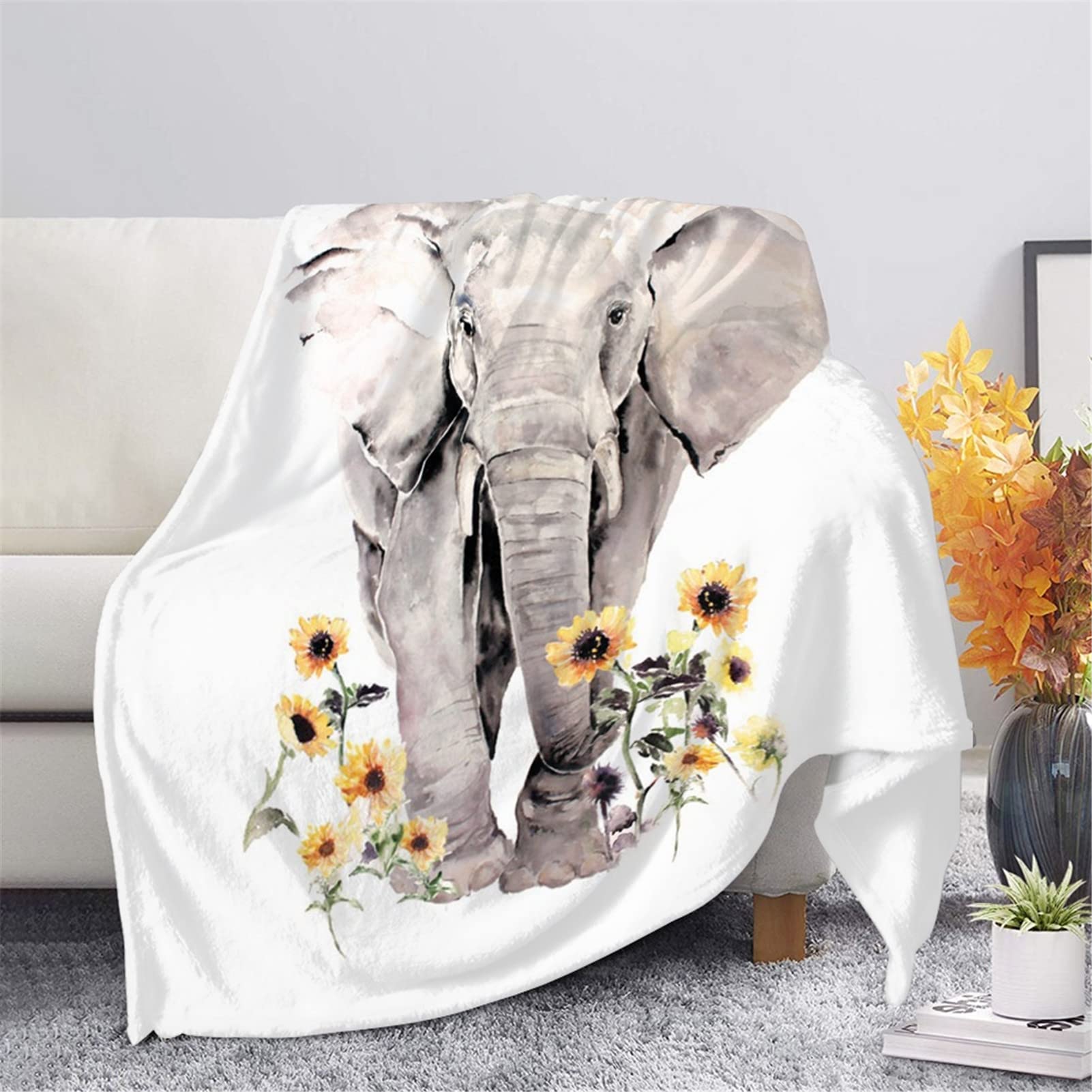 Frestree Sunflower Elephant Throw Blanket - Soft Microfiber Flannel Blanket for Women, Cozy Gift for Birthday, Christmas - Perfect for Bedroom, Couch & Sofa - Warm & Comfortable for Relaxing, Reading & Movie Nights