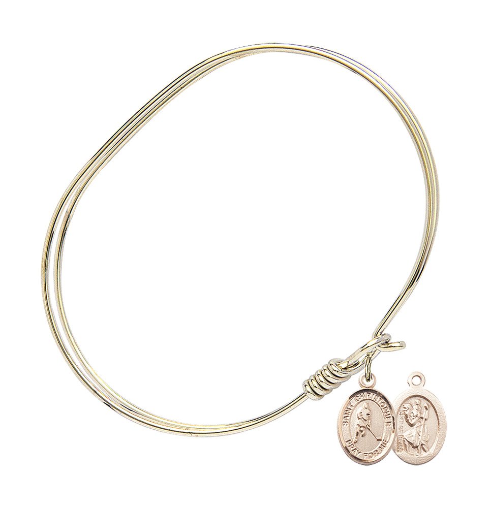 Gold-Filled Oval Eye Hook Bangle Bracelet with St. Christopher & Ice Hockey Charm - Perfect for Sports Fans, Travelers & Gift Giving