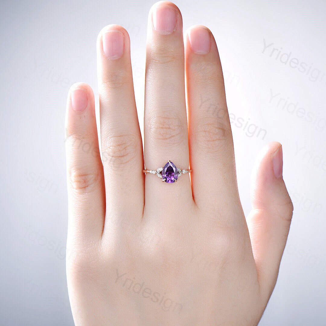 Natural Amethyst Engagement Ring for Women - Pear Cut Purple Amethyst Vintage Ring in Rose Gold, February Birthstone Promise Ring - Perfect for Valentine's Day, Anniversary & Special Occasion Gifts