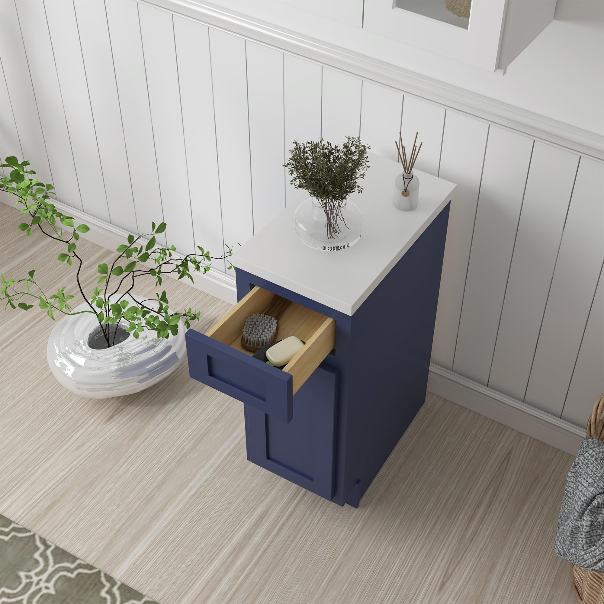 Vanity Art 12 Inch Small Bathroom Vanity Cabinet with Soft Closing Drawer & Door - Right Offset Shaker Design, Floor Mount Storage Organizer for Bathroom, Bedroom or Powder Room - VA4012-1BLUE