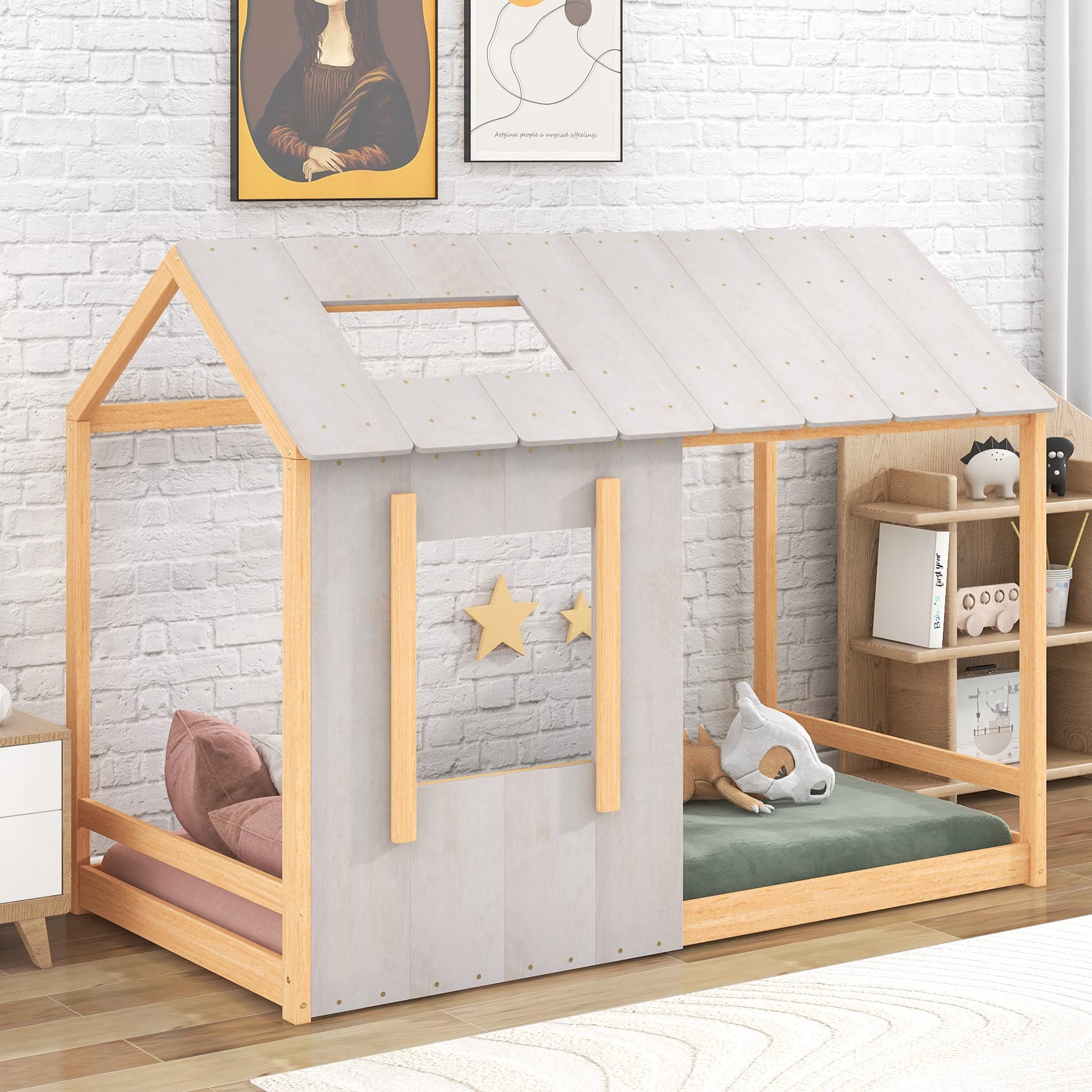 Wooden Twin House Bed Frame with Roof and Window for Kids - Twin Size Floor Bed in Natural & Antique White - Perfect for Boys & Girls Bedrooms, Playrooms, and Cozy Sleepovers