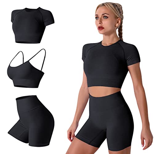 Seamless Yoga Outfits for Women - 2 Piece Workout Set with Short Sleeve Crop Top & High Waisted Running Shorts | Breathable Activewear for Yoga, Gym & Running