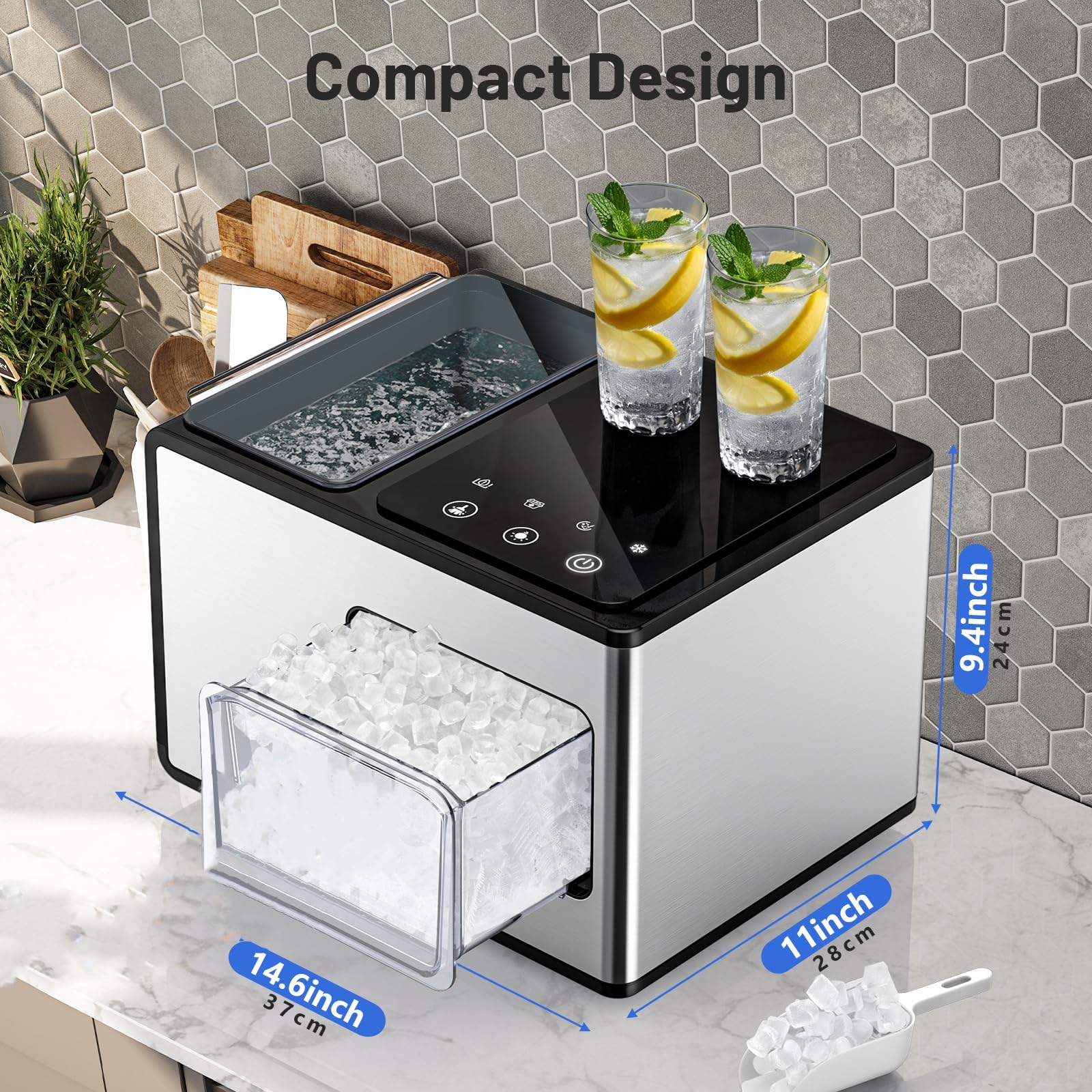 40lbs/24H Countertop Nugget Ice Maker with Soft Chewable Pebble Ice - Self-Cleaning Sonic Ice Machine in Stainless Steel with Touch Screen - Compact Design for Home, Office, Bar & Party Use - Perfect for Cocktails, Beverages & Entertainment (Silver)