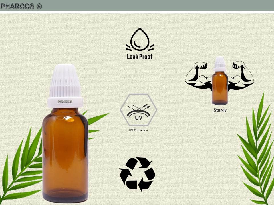 PHARCOS 30ml Amber Glass Dropper Bottles with White Temple Cap & Inner Dropper Plug - Essential Oil Bottles, Perfume Containers, Aromatherapy Supplies (Pack of 5) for DIY Blending, Travel Size Liquids & Home Fragrance Storage