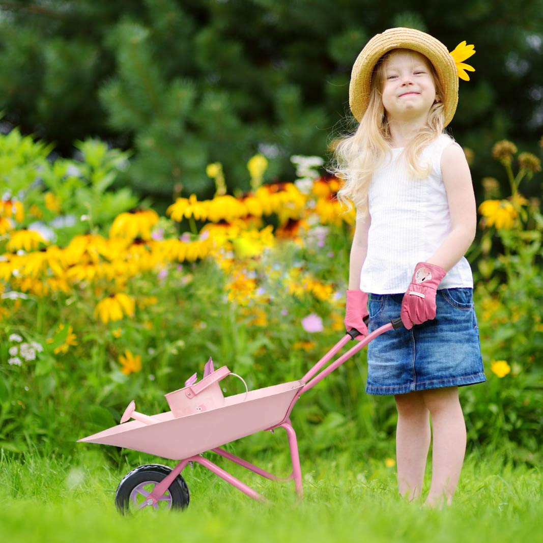 **Pink Metal Kids Wheelbarrow Set - Easy to Assemble Gardening Tools Kit with Small Wheelbarrow, Outdoor & Indoor Garden Toys for Girls - Perfect for Gardening, Playtime & Gift Giving**