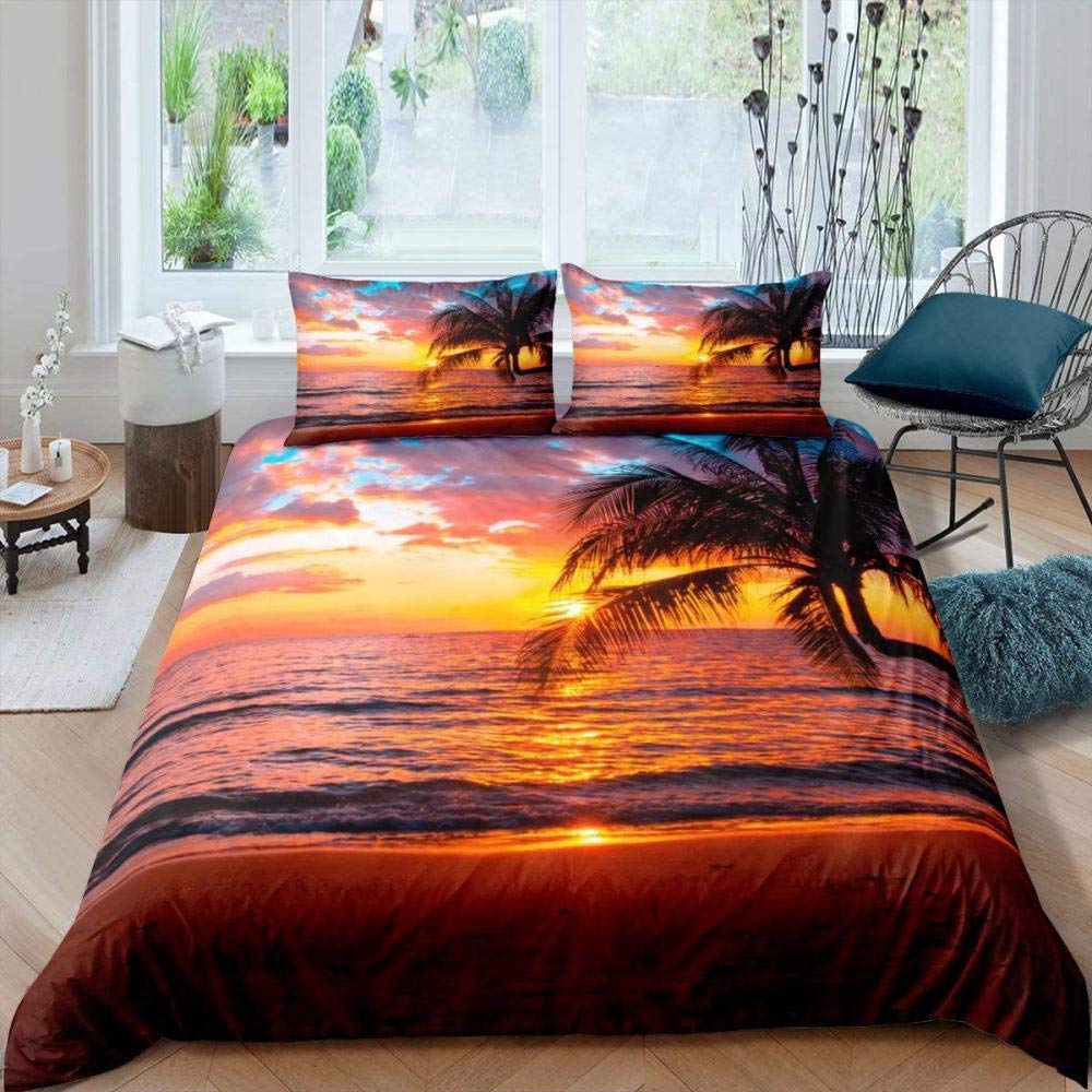 Tropical Palm Trees Duvet Cover Queen Size - Ocean Beach Comforter Set with Sunset Hawaii Design, Sea Wave Coastal Bedding for Adults - 3 Piece Set Includes Pillowcases - Perfect for Beach House, Vacation Home or Tropical Bedroom Decor