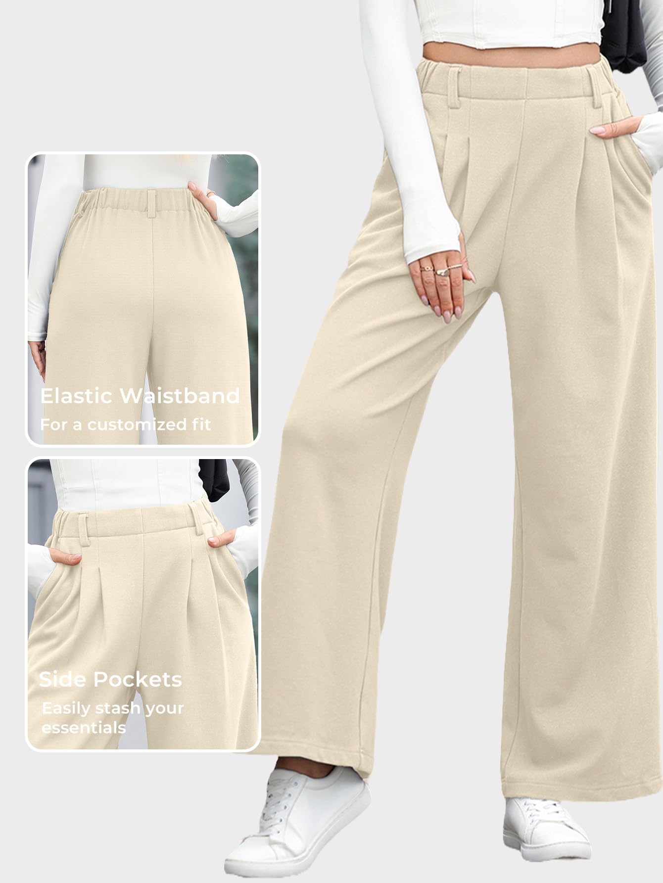 EVALESS Women's High Waisted Wide Leg Palazzo Pants - Soft Waffle Knit Fleece Lounge Pants with Elastic Waistband & Pockets | Comfortable Winter Casual Pants for Home, Office & Travel