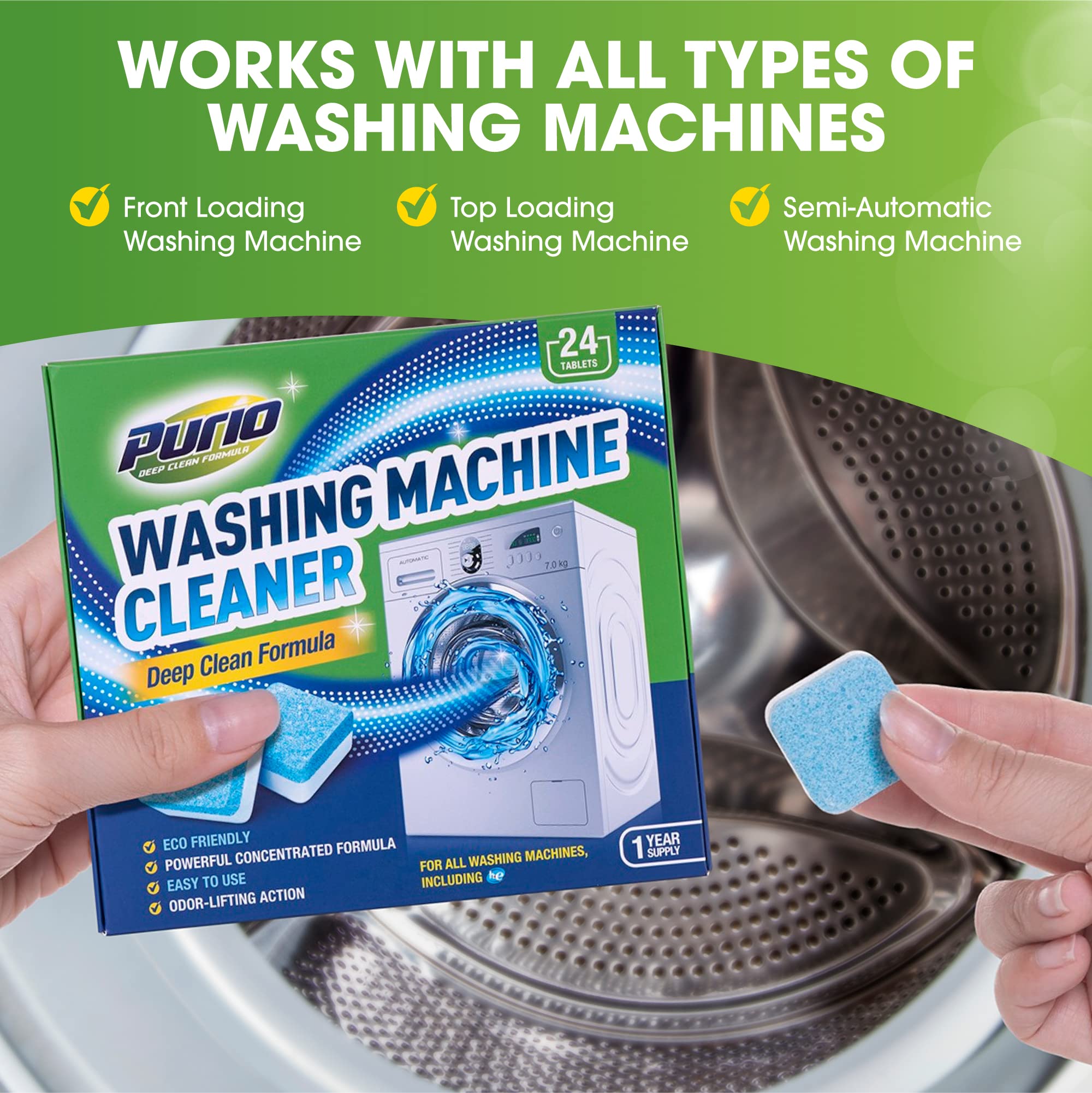 24-Count Washing Machine Cleaner Tablets - Deep Cleaning Formula for Top Load & Front Load Washers (Standard & HE) | Eliminates Odors, Mold & Residue for Fresh Laundry