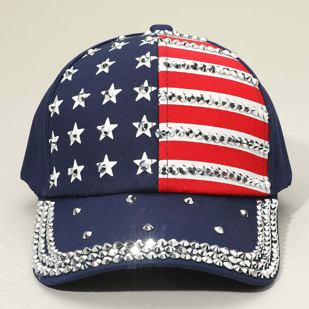 Blue Rhinestone Studded American USA Flag Baseball Cap - Patriotic Fashion Accessory for Men & Women - Perfect for 4th of July, Sports Games, and Outdoor Events