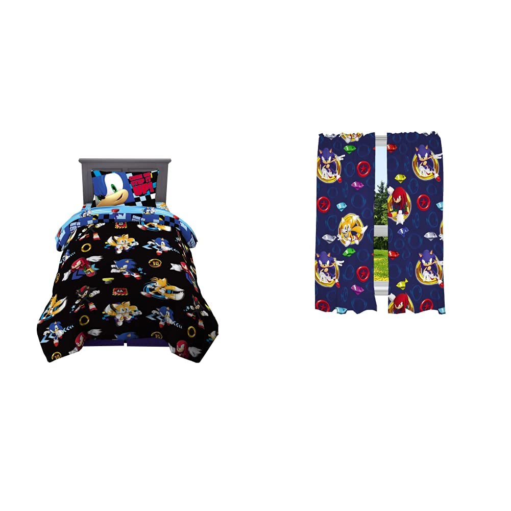 Sonic The Hedgehog Bedding Set & Window Curtains - 4-Piece Kids Room Decor for Gaming Fans | Perfect for Themed Bedrooms, Birthday Gifts, and Anime Lovers