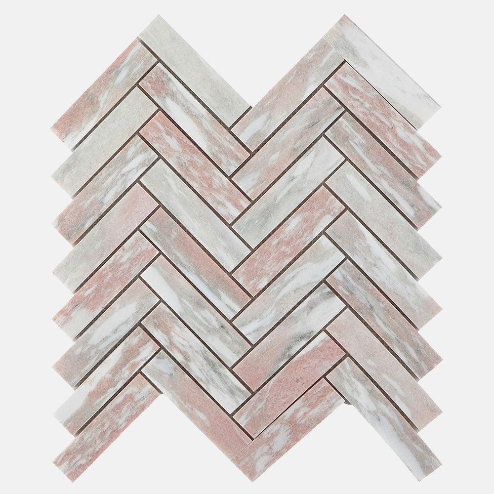 Ocean Pink Large Herringbone 23.5x100x8 Honed Marble Mosaic Tile (Per Sheet) - Elegant Bathroom & Kitchen Backsplash, Shower Wall, Fireplace Accent