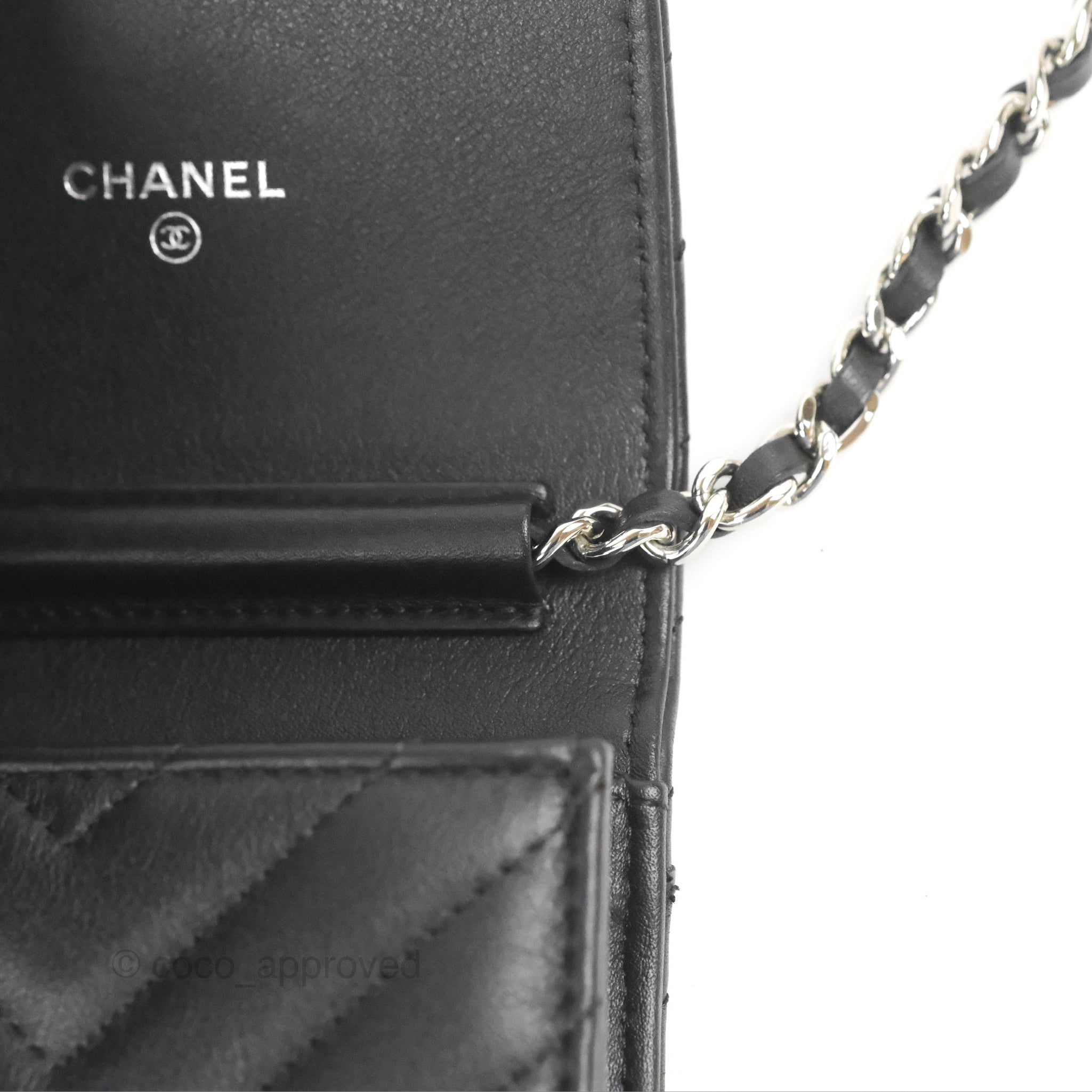 Chanel Classic Chevron Phone Holder - Black Calfskin with Silver Hardware | Luxury Phone Accessory for iPhone & Samsung | Perfect for Office, Travel & Daily Use