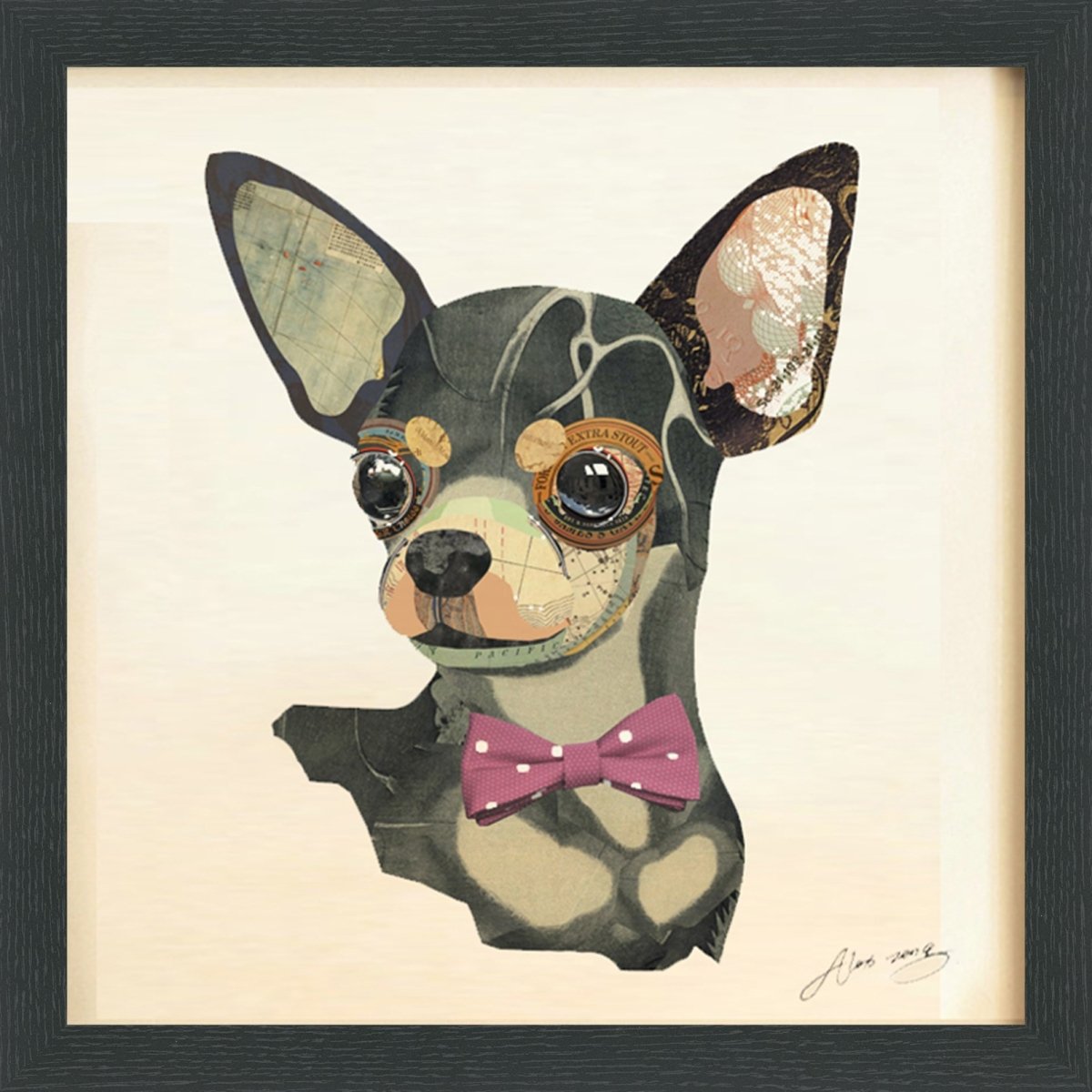 Alex Zeng Signed Chihuahua Dimensional Art Collage - Framed Graphic Wall Decor for Living Room, Bedroom & Office | Unique Handmade Home Artwork