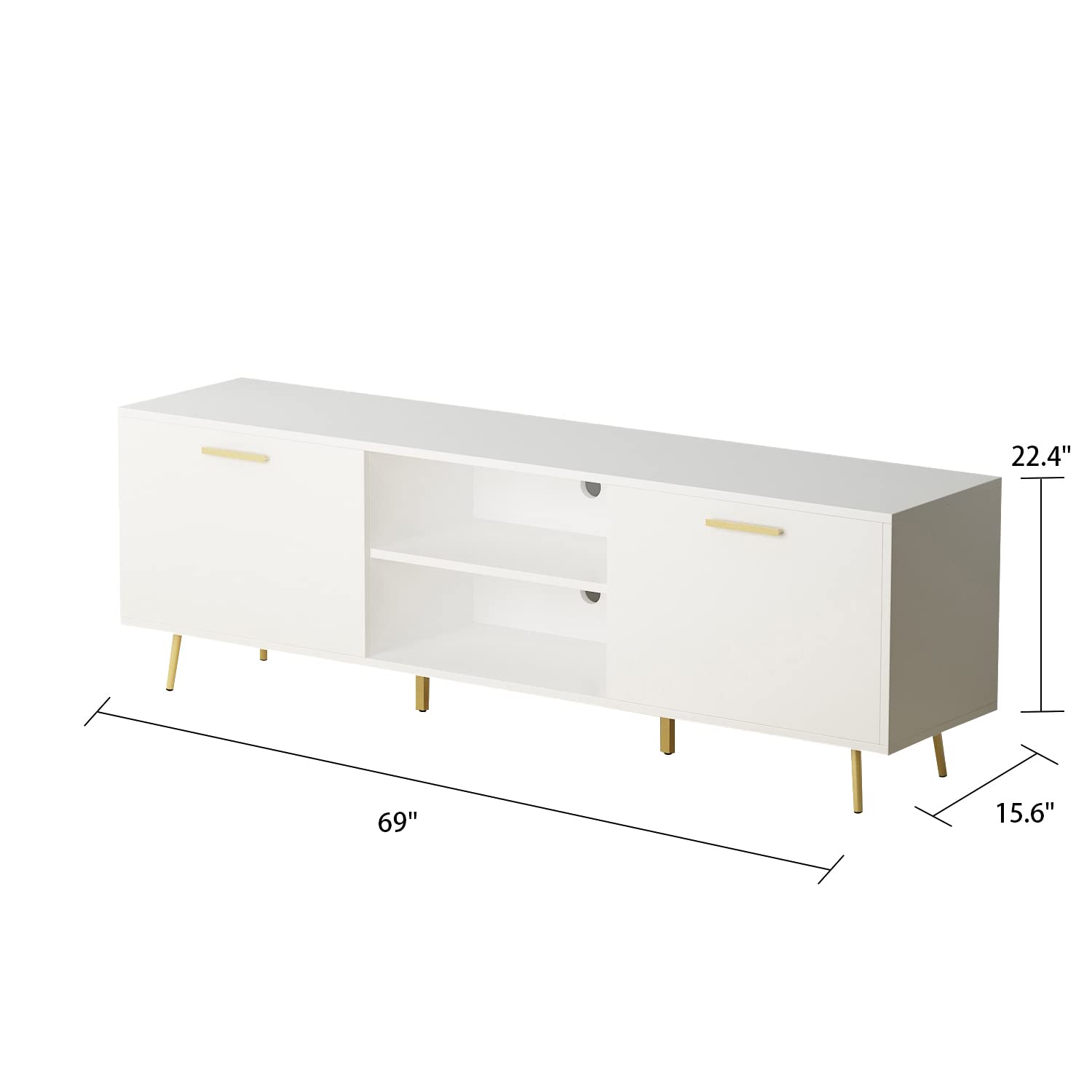 Modern TV Stand for 75 Inch TVs - Entertainment Center with 2 Doors & 2 Open Shelves, Gold Metal Legs TV Console Table - 69