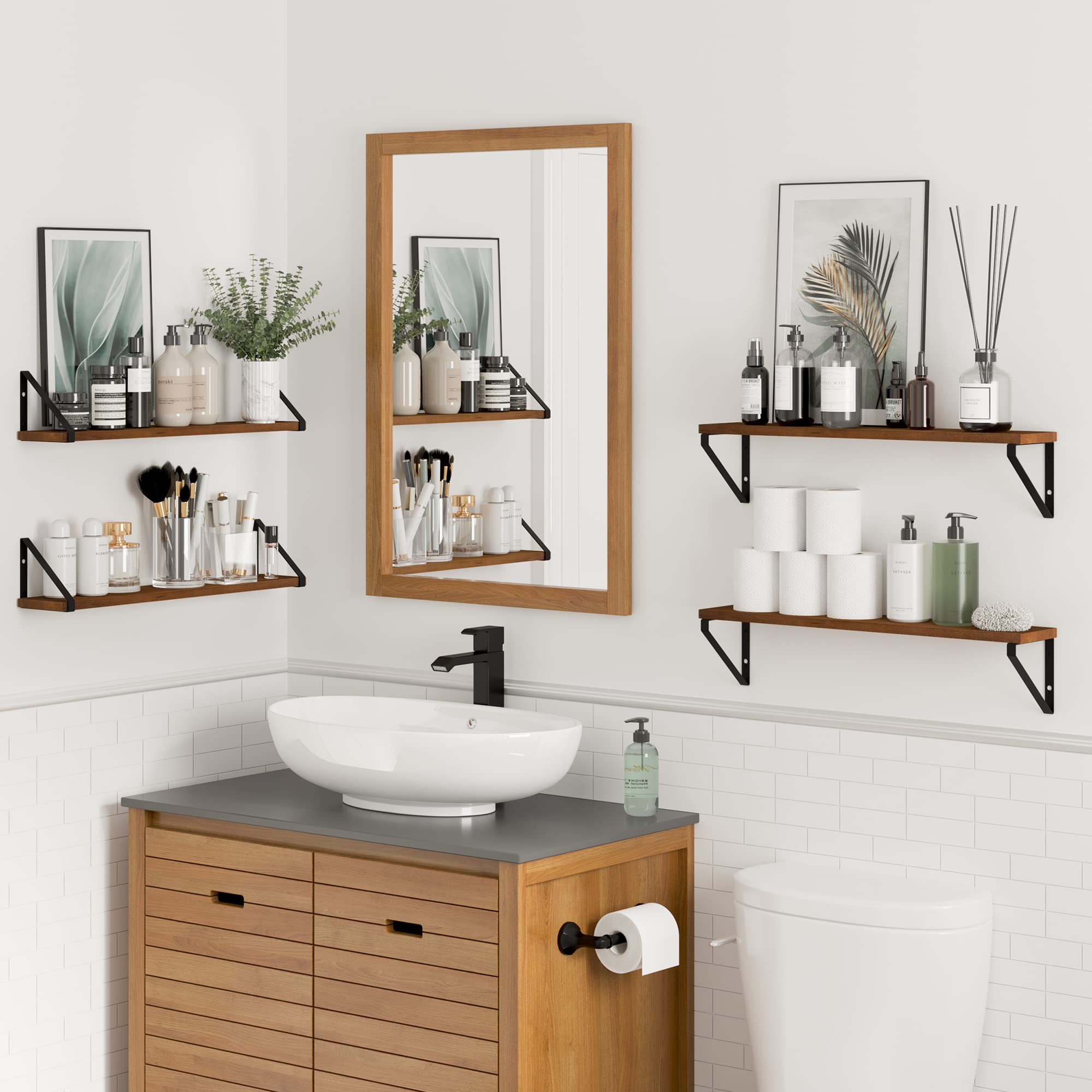 Wallniture Ponza Floating Shelves 24 Inch - Rustic Wood Wall Shelves for Bedroom, Living Room, Kitchen - Set of 4 Walnut Floating Shelves for Home Decor, Books, Plants & Storage