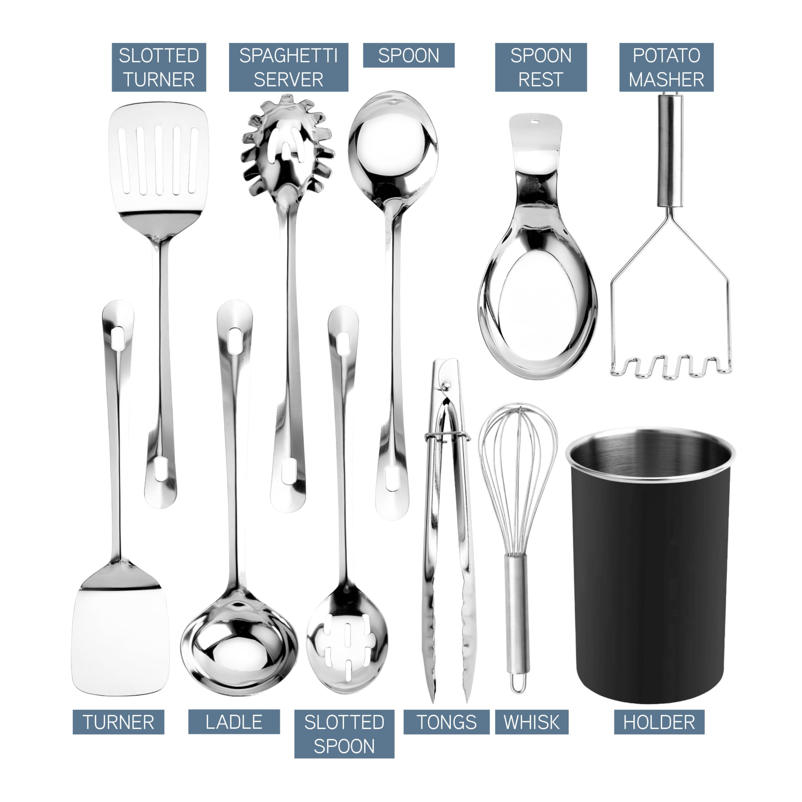 Premium 10-Piece Stainless Steel Kitchen Utensil Set - Nonstick, Heat Resistant Cooking Tools with Turner, Spaghetti Server, Ladle, Spoons, Whisk, Tongs & Masher - Perfect for Everyday Cooking, Baking & Serving - Includes Utensil Holder for Organized Kitchen Storage
