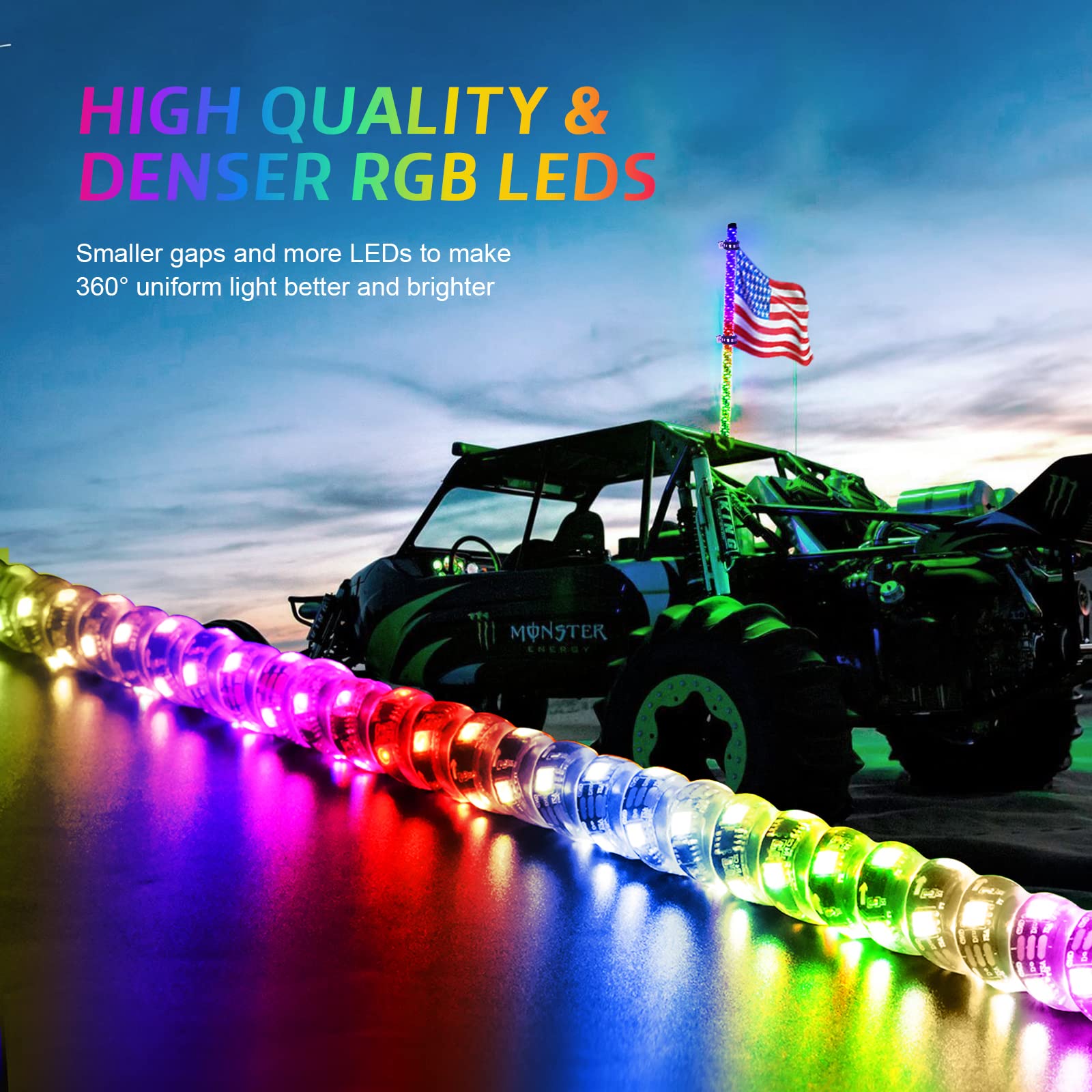 2 Pack 2FT LED Whip Lights with Spring Base - RGB Spiral Chasing Lights with App & Remote Control, Rocker Switch - for UTV, ATV, Polaris RZR, Can-Am SXS, Trucks - Perfect for Off-Roading, Night Rides & Car Shows