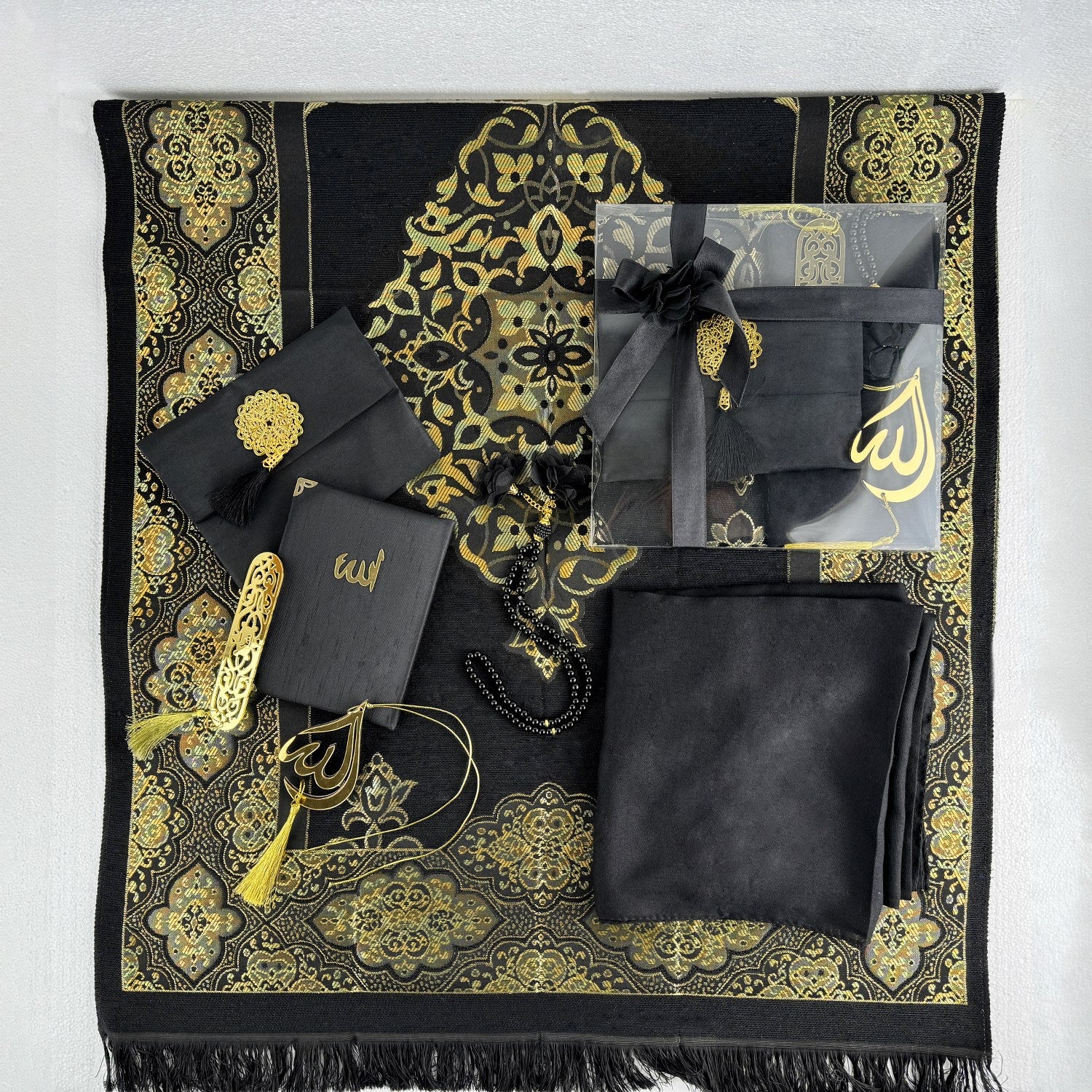 Premium Black Muslim Prayer Rug Set - Islamic Prayer Mat for Home & Mosque - Perfect Gift for Eid, Ramadan & Daily Salah