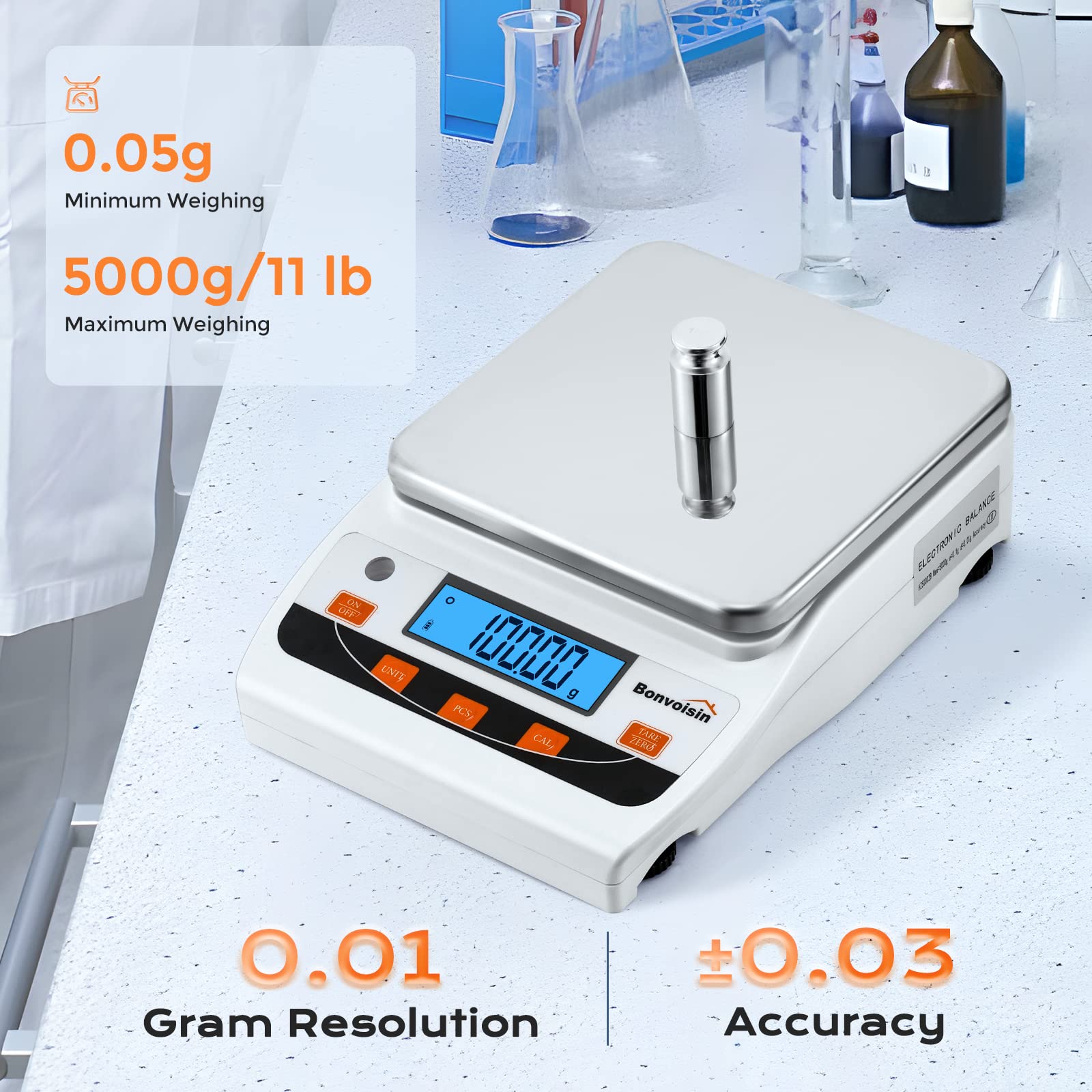 Bonvoisin 5000g x 0.01g High Precision Digital Analytical Balance - Laboratory Scientific Scale with 0.01g Accuracy for Jewelry, Kitchen, Chemistry & Research - Perfect for Weighing Gold, Spices, Powders & Small Samples