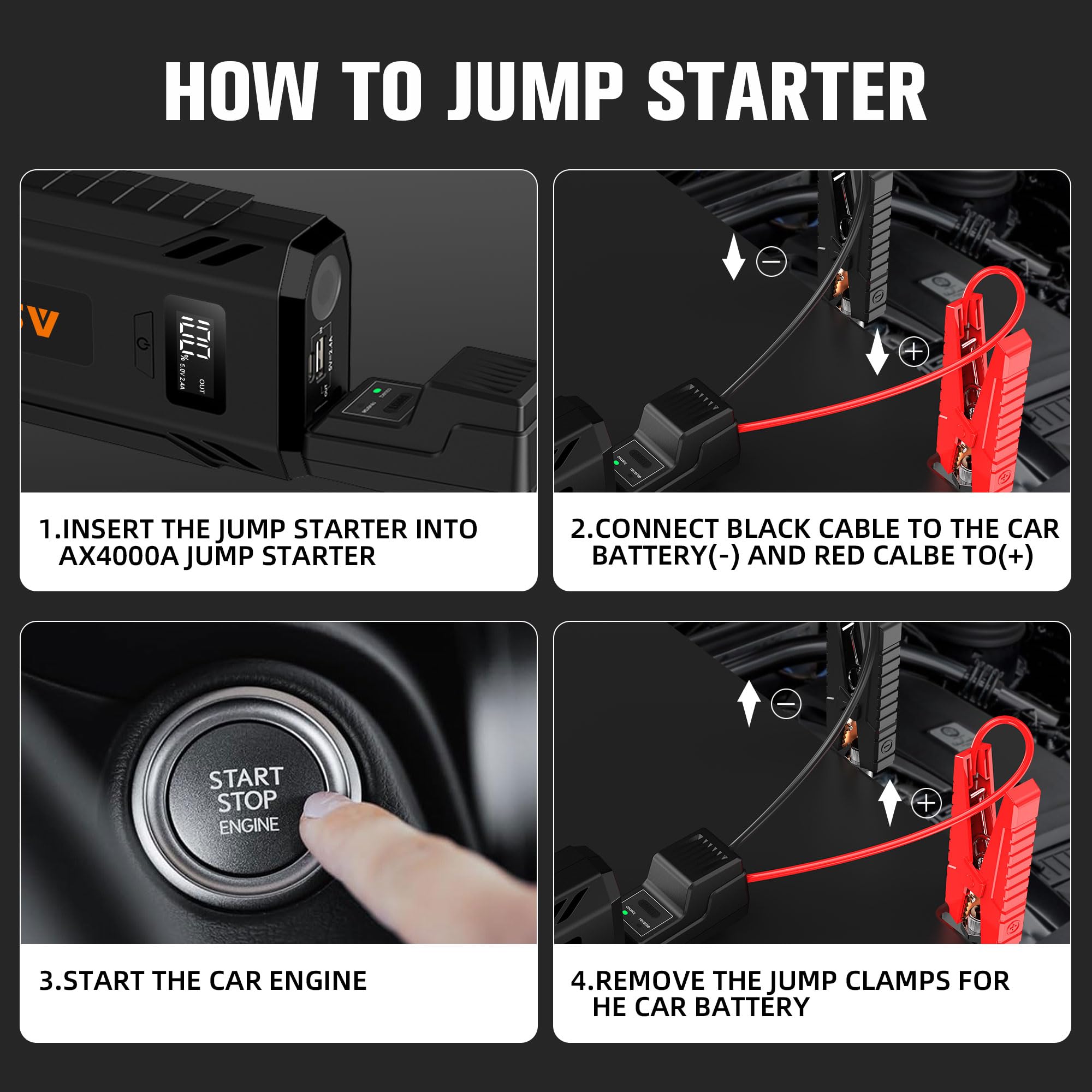 AsperX 4000A Peak Car Jump Starter - 12V Portable Battery Booster for Gas & 10.0L Diesel Engines | USB Charger & Built-in LED Light | Emergency Roadside Assistance & Power Outage Backup