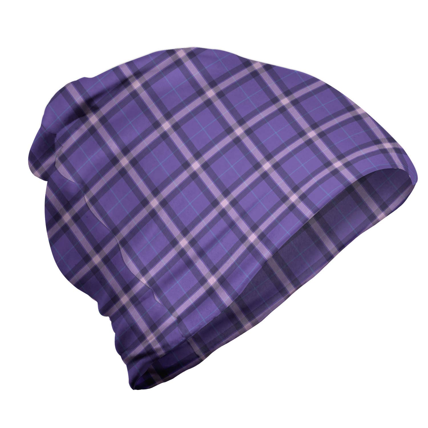 Ambesonne Unisex Beanie - Soft Winter Hat with Violescent Tartan Plaid Pattern for Men & Women - Perfect for Hiking, Skiing, and Outdoor Activities in Cold Weather