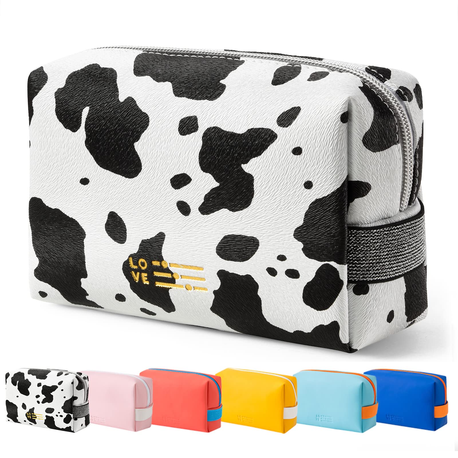 Portable Travel Makeup Bag for Women - PU Leather Waterproof Cosmetic Organizer with Zipper, Washable Cow Print Design - Perfect for Travel, Gym, and Daily Beauty Storage