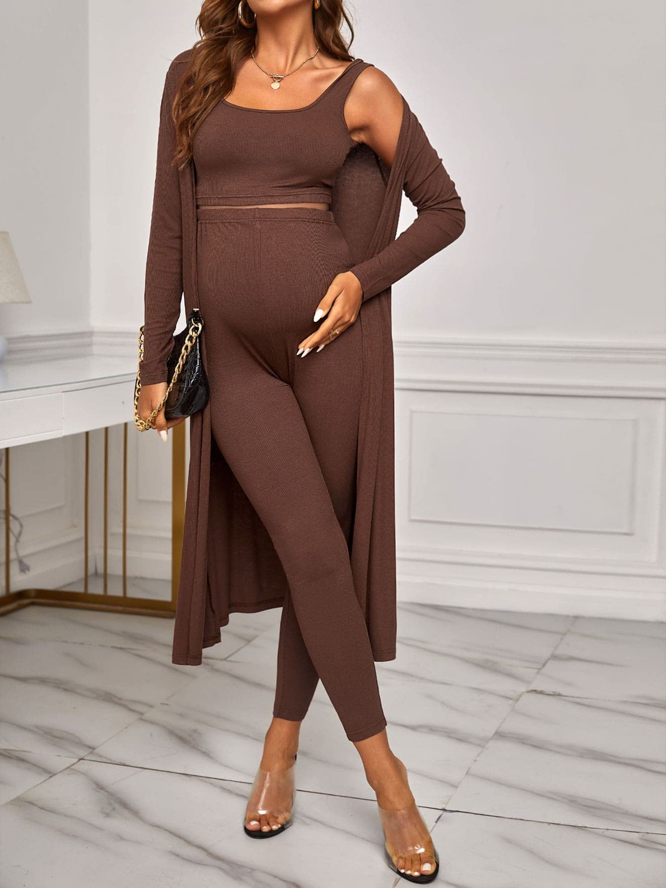 MakeMeChic Women's Maternity Outfits 3-Piece Set - Comfy Tank Top, Leggings & Long Sleeve Cardigan for Pregnancy & Nursing | Soft Lounge Wear for Home, Office & Casual Outings