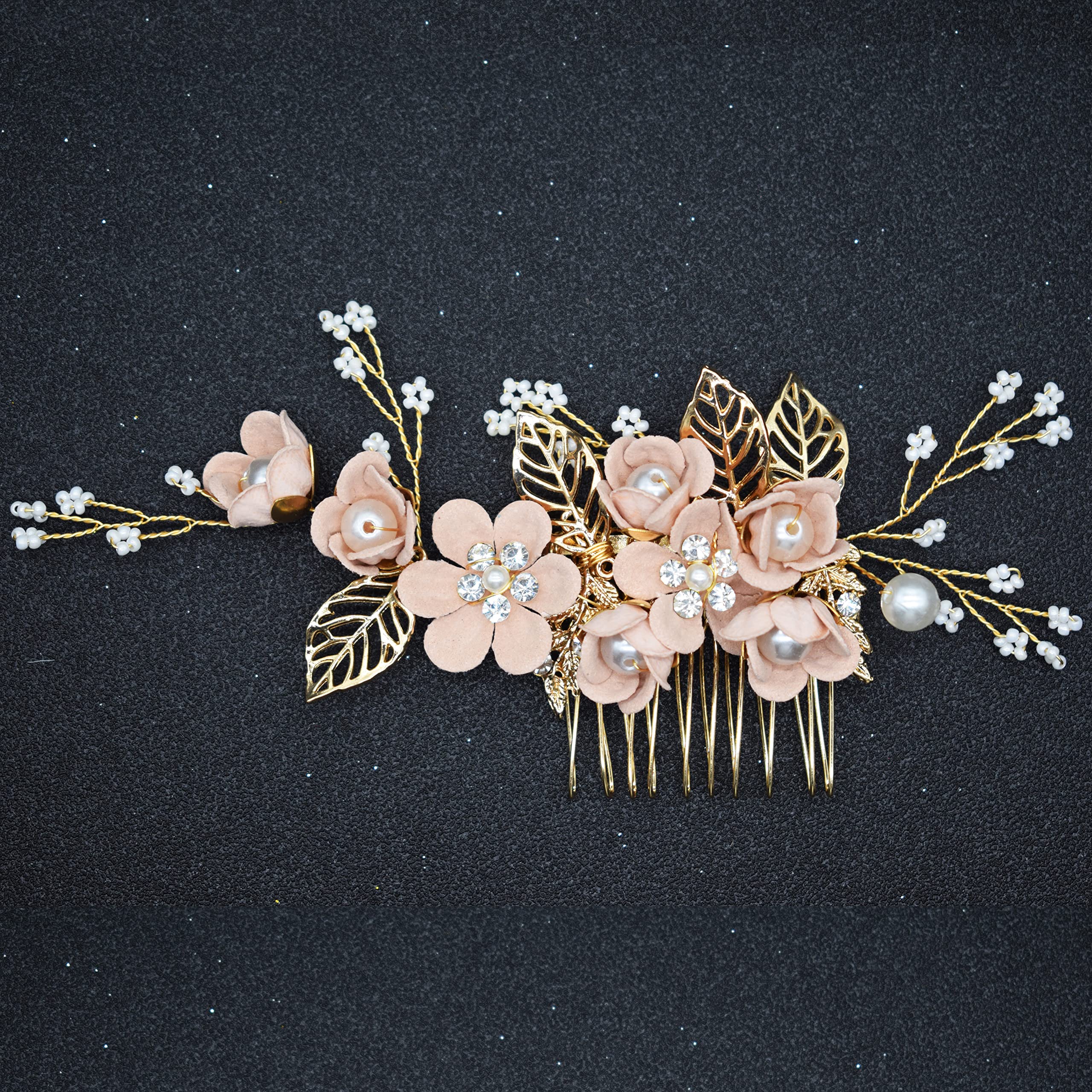 Fanvoes Vintage Gold Bridal Hair Comb with Handmade Pink Flower, Leaf, Ivory Pearl Beads & Rhinestone Crystal - Elegant Wedding Hair Accessories for Brides, Bridesmaids, and Women (Perfect for Weddings, Proms, and Special Occasions)