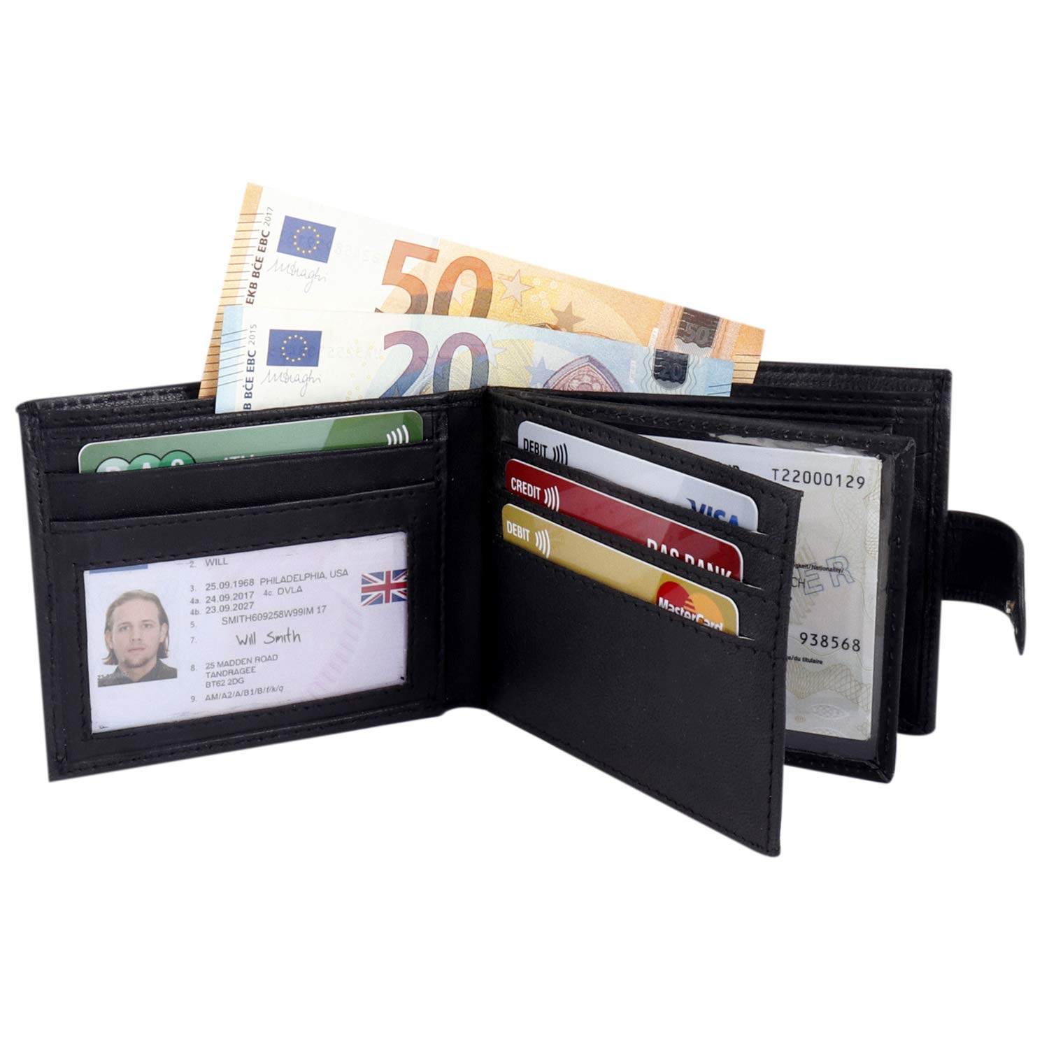 Premium Black Genuine Leather RFID Blocking Wallet for Men - Slim Bifold Card Holder with 3 Clear ID Windows & Coin Pocket - Secure Travel & Everyday Carry Wallet #335