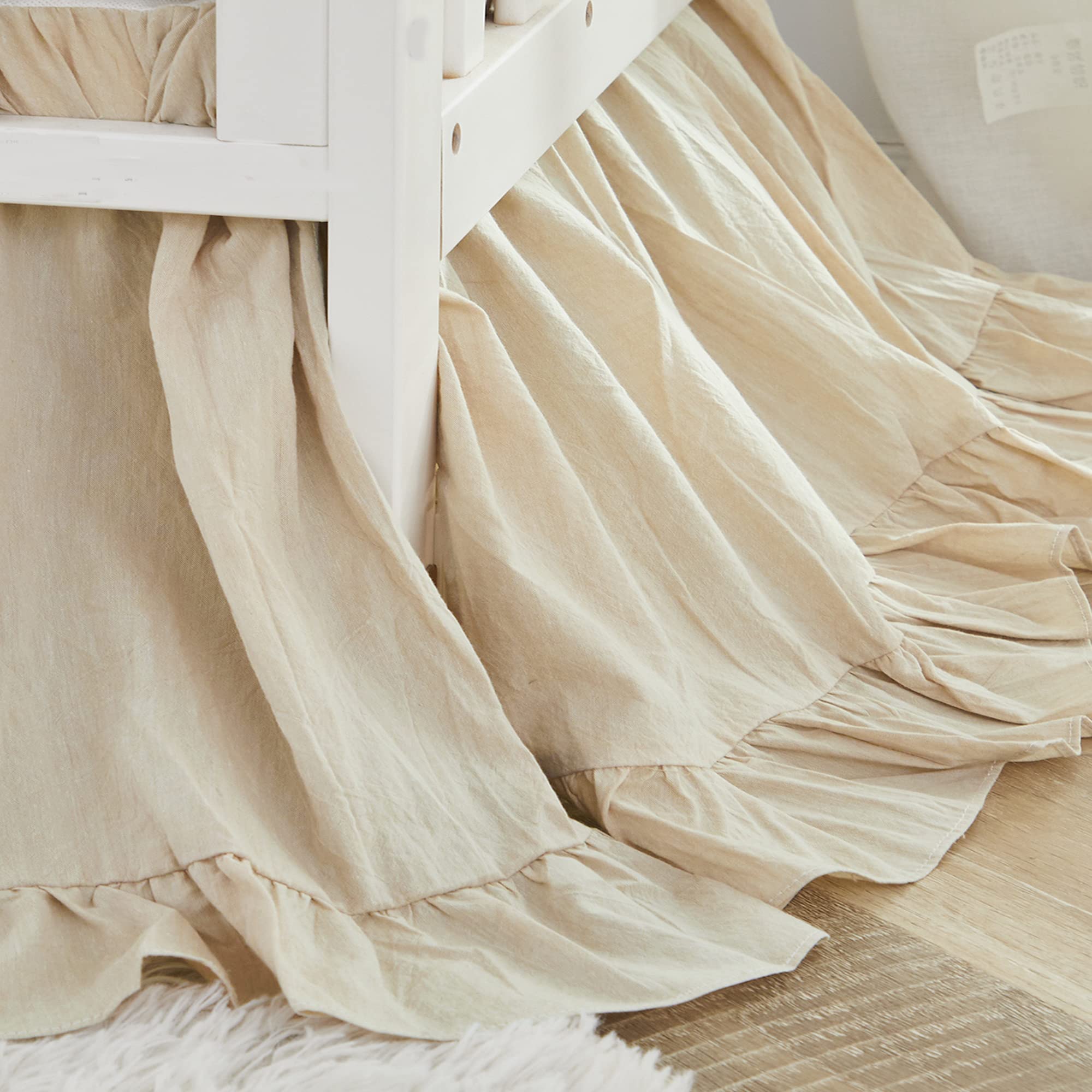 Brandream Gender Neutral Boho Bohemian Baby Crib Bedding Set - 3 Piece Washed Cotton Nursery Set in Solid Beige with Ruffles | Farmhouse Chic Unisex Design for Boys & Girls | Perfect for Cozy Nursery Decor and Baby Shower Gifts