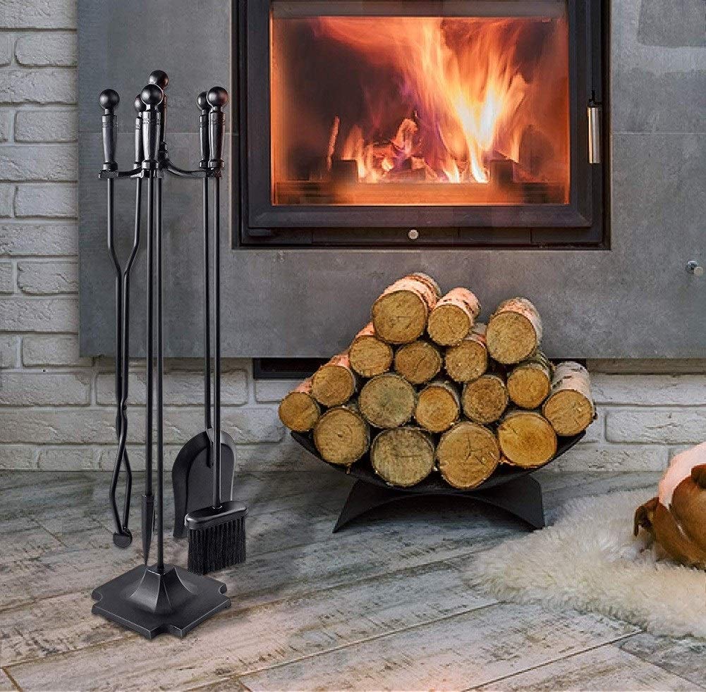 5 Piece Heavy Duty Wrought Iron Fireplace Tool Set - Black Fireplace Accessories with Poker, Shovel, Tongs, Brush & Stand - Easy to Assemble - Perfect for Indoor Fireplace, Hearth & Home Decor