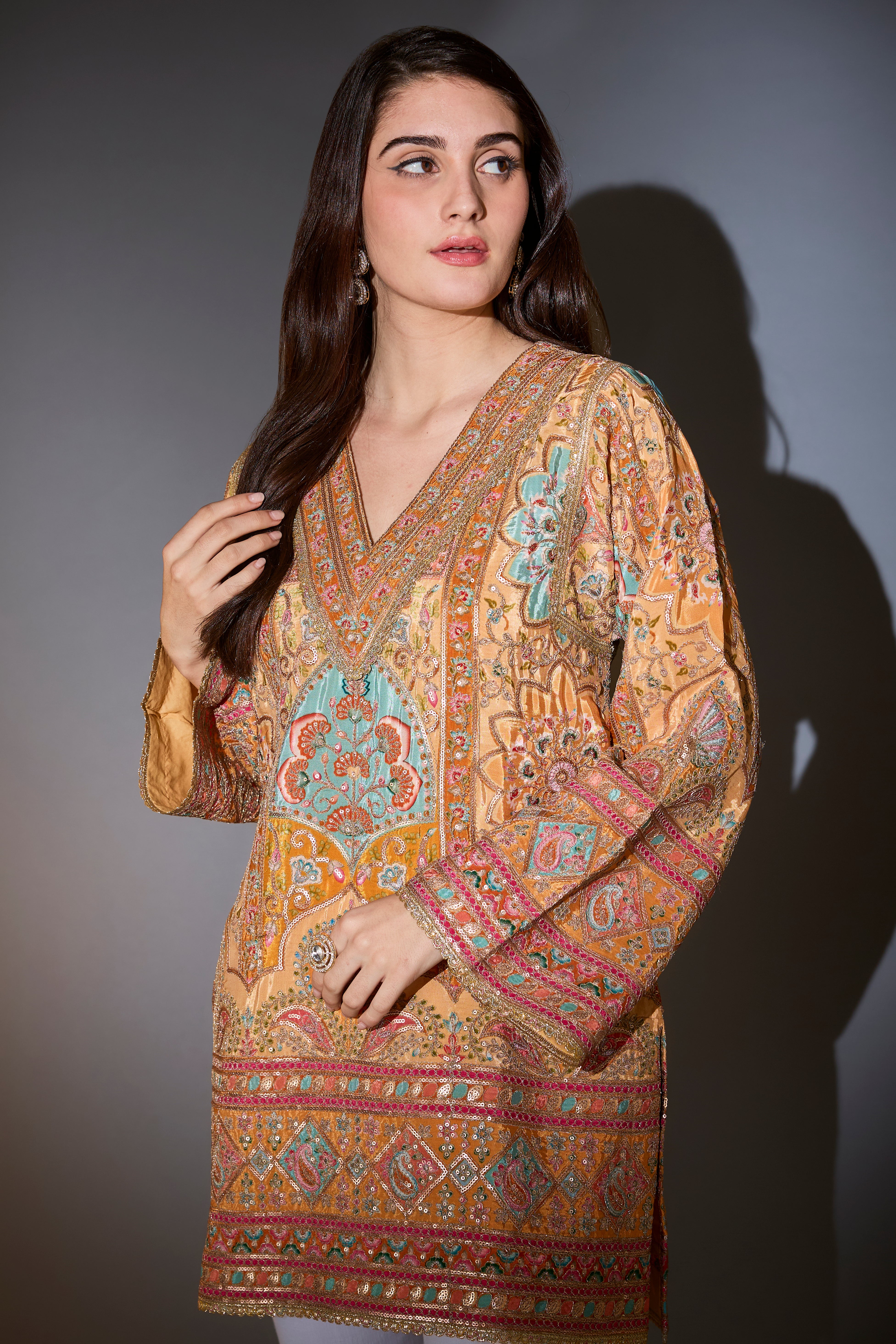 Elegant Mustard Tunic with Intricate Multi-Thread Aari Embroidery - Perfect for Festive Occasions & Ethnic Fashion