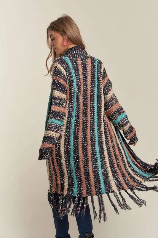 Stylish ADORA Multi-Color Long Fringe Cardigan Sweater for Women | Cozy Fall & Winter Layering | Perfect for Office, Casual Outings & Date Nights