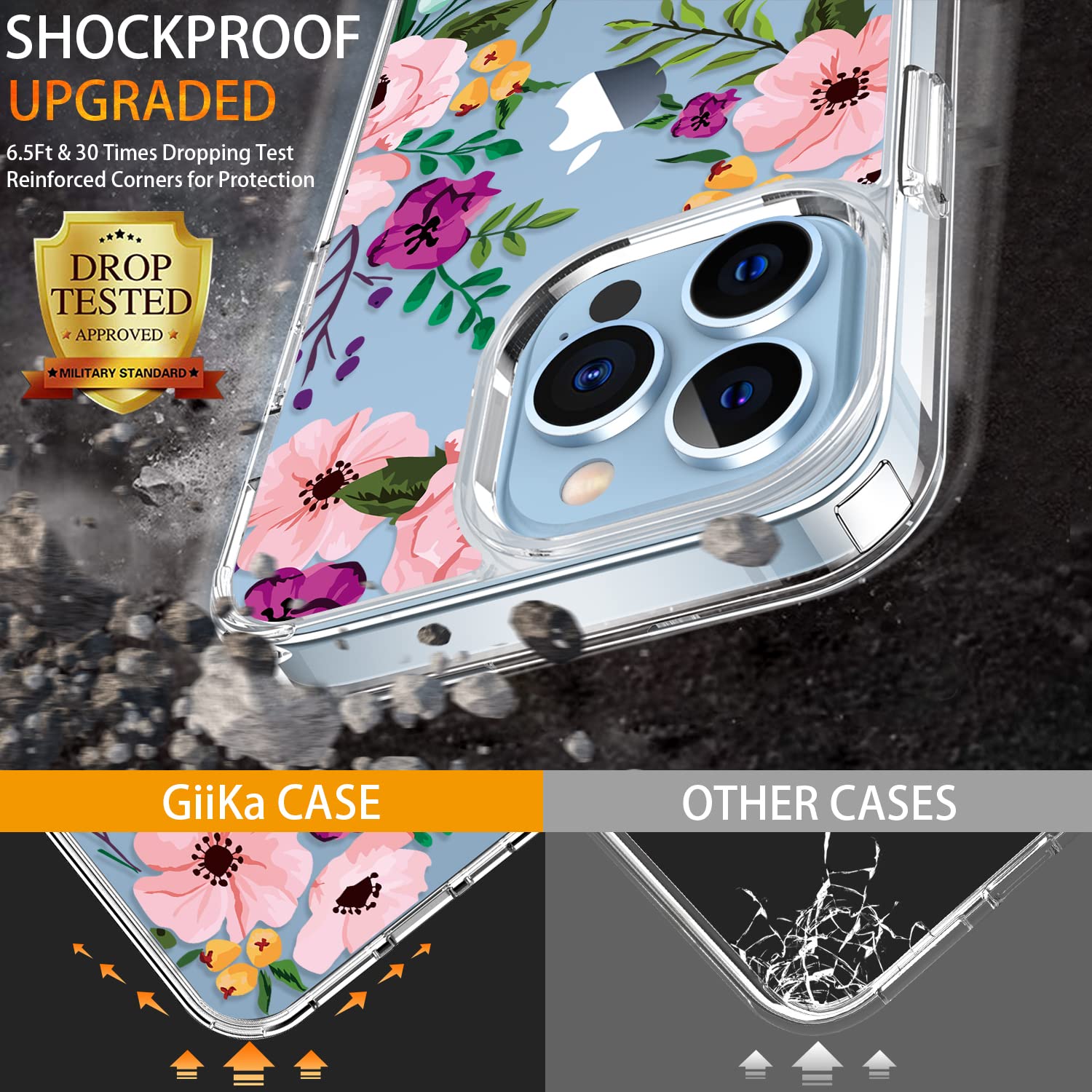 GiiKa iPhone 13 Pro Case with Screen Protector - 6.1 Inch Clear Shockproof Protective Case for Women, Floral Design Hard Case with TPU Bumper Cover - Perfect for Everyday Use, Work, and Travel Protection