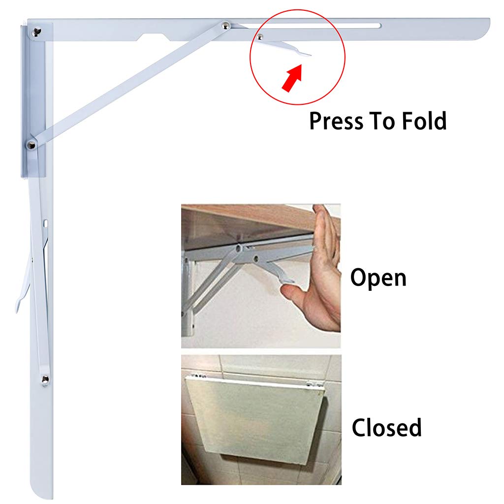 Sumnacon Heavy Duty Folding Shelf Brackets - 20 Inch White Metal Triangle Wall Mounted Hinges (2 Pack) for Tables, Benches & Shelves - Perfect for Garage Storage, Kitchen Organization & DIY Projects