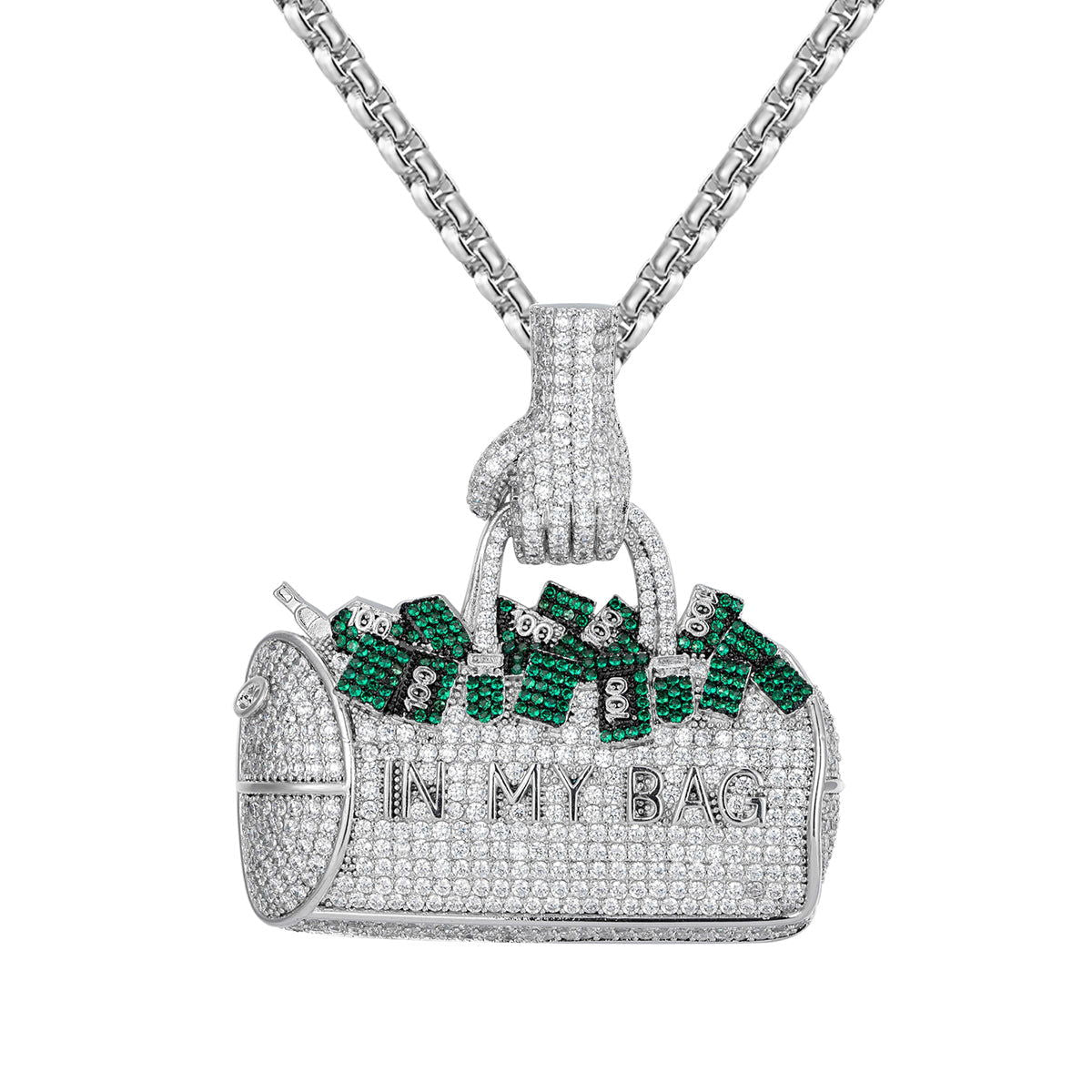 3D Icy Hip Hop Pendant Necklace - Green Dollar Bill Money Bag Charm - Perfect for Rappers, Hip Hop Fans & Streetwear Fashion (Great Gift for Birthday, Concert & Music Lovers)