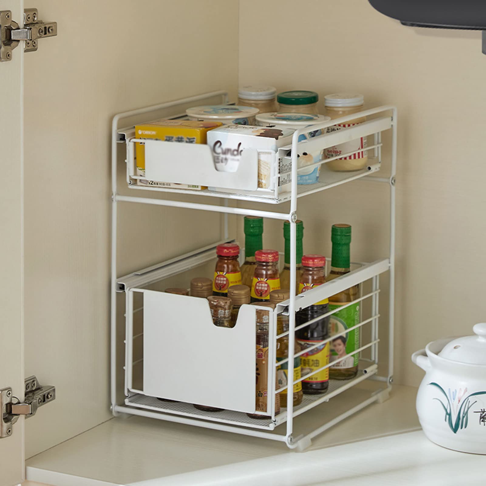 2-Tier Stackable Sliding Basket Organizer - Under Sink Storage Drawer for Kitchen, Bathroom & Office | Space-Saving White Small Cabinet Organizer | Perfect for Sponges, Cleaning Supplies & Toiletries