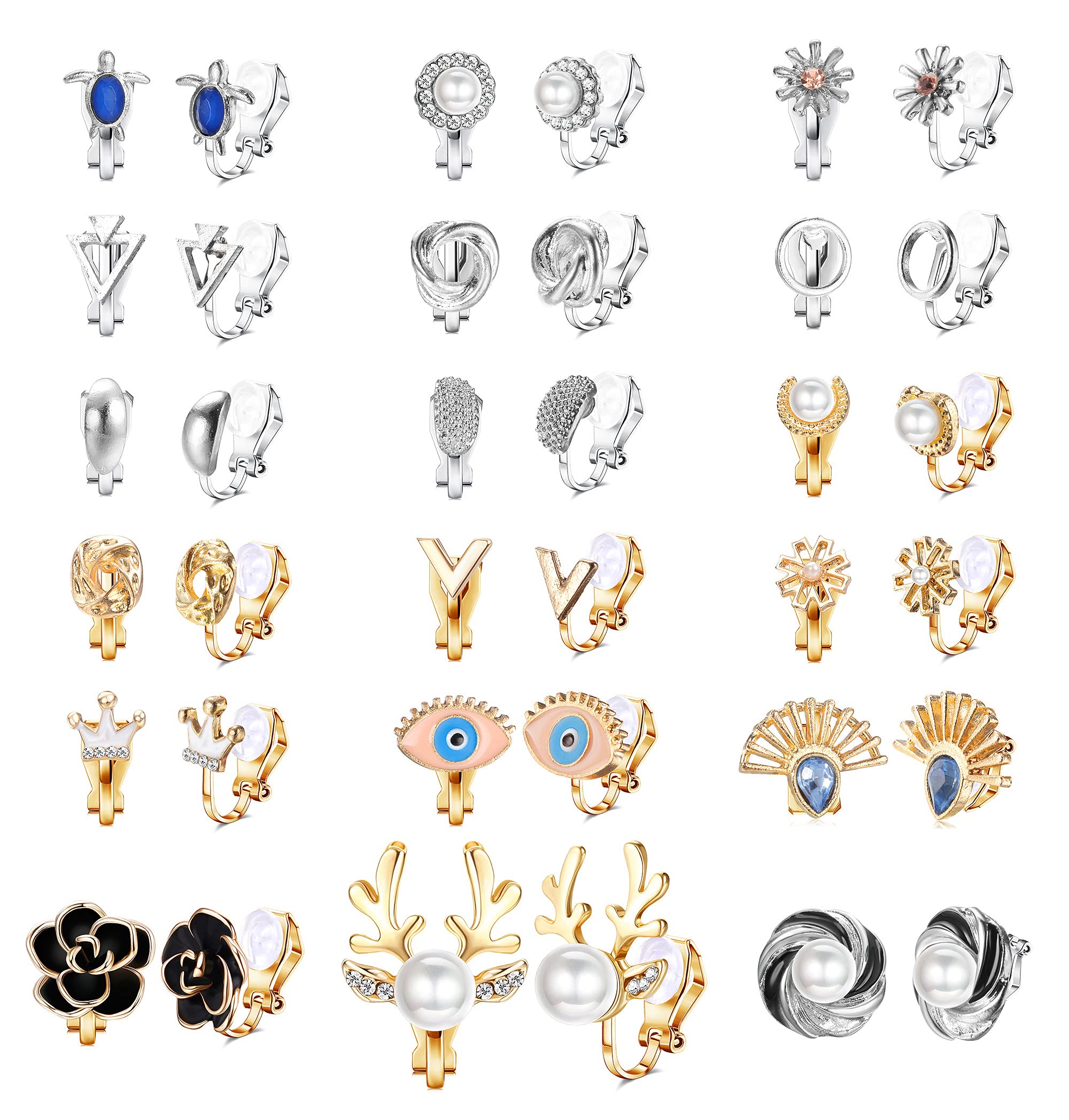 Jstyle 18 Pairs Non-Pierced Clip On Earrings for Women & Girls - Rose Flower, Pearl, Twist Knot & Halo Designs - Assorted Fashion Jewelry Set for Parties, Weddings & Daily Wear