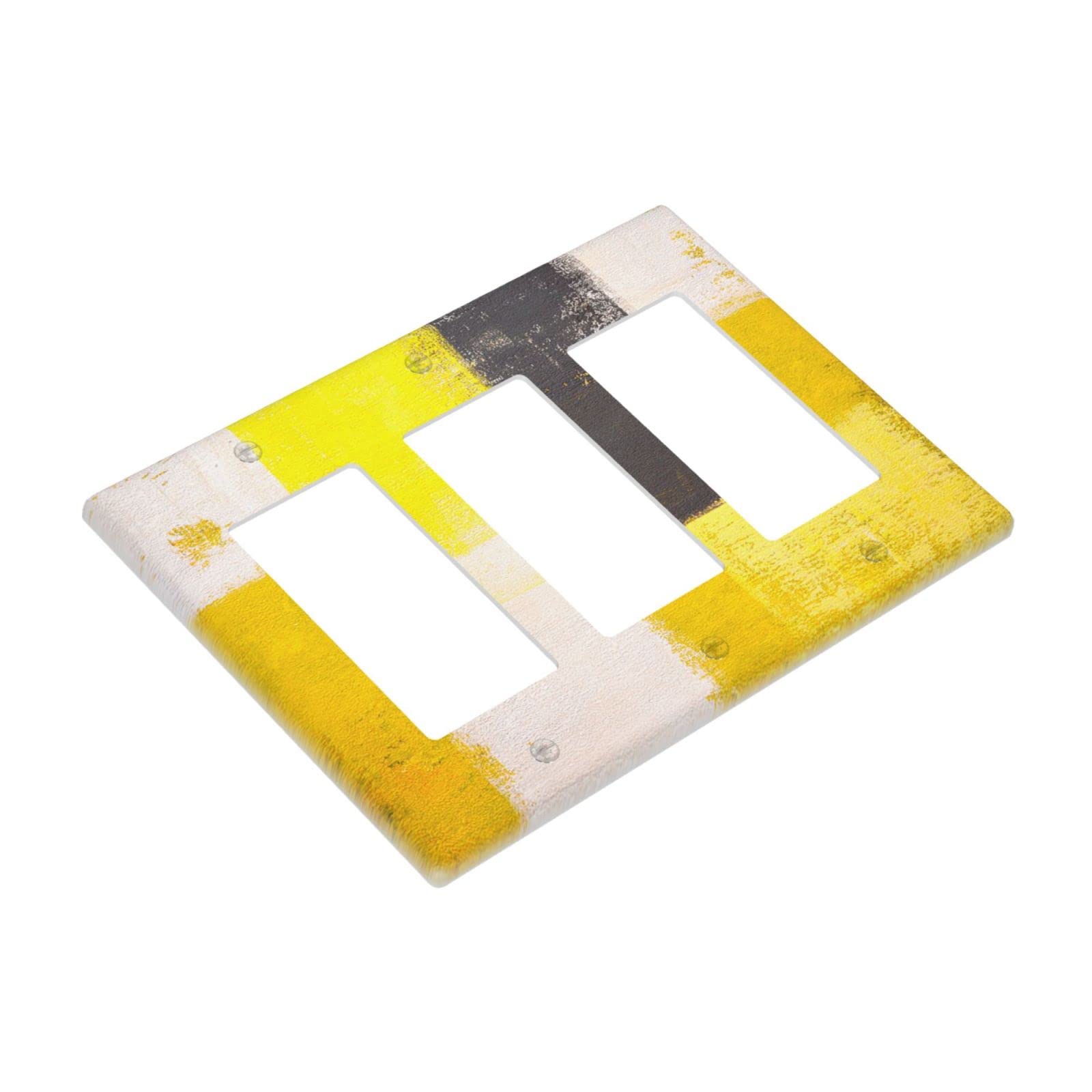 Abstract Beige Yellow Grey Triple Rocker Light Switch Cover - Decorative 3 Gang Wall Plate for Home & Office - Funny Lightswitch Faceplate 4.50 x 6.38 Inch - Perfect for Living Room, Bedroom, Kitchen Decor
