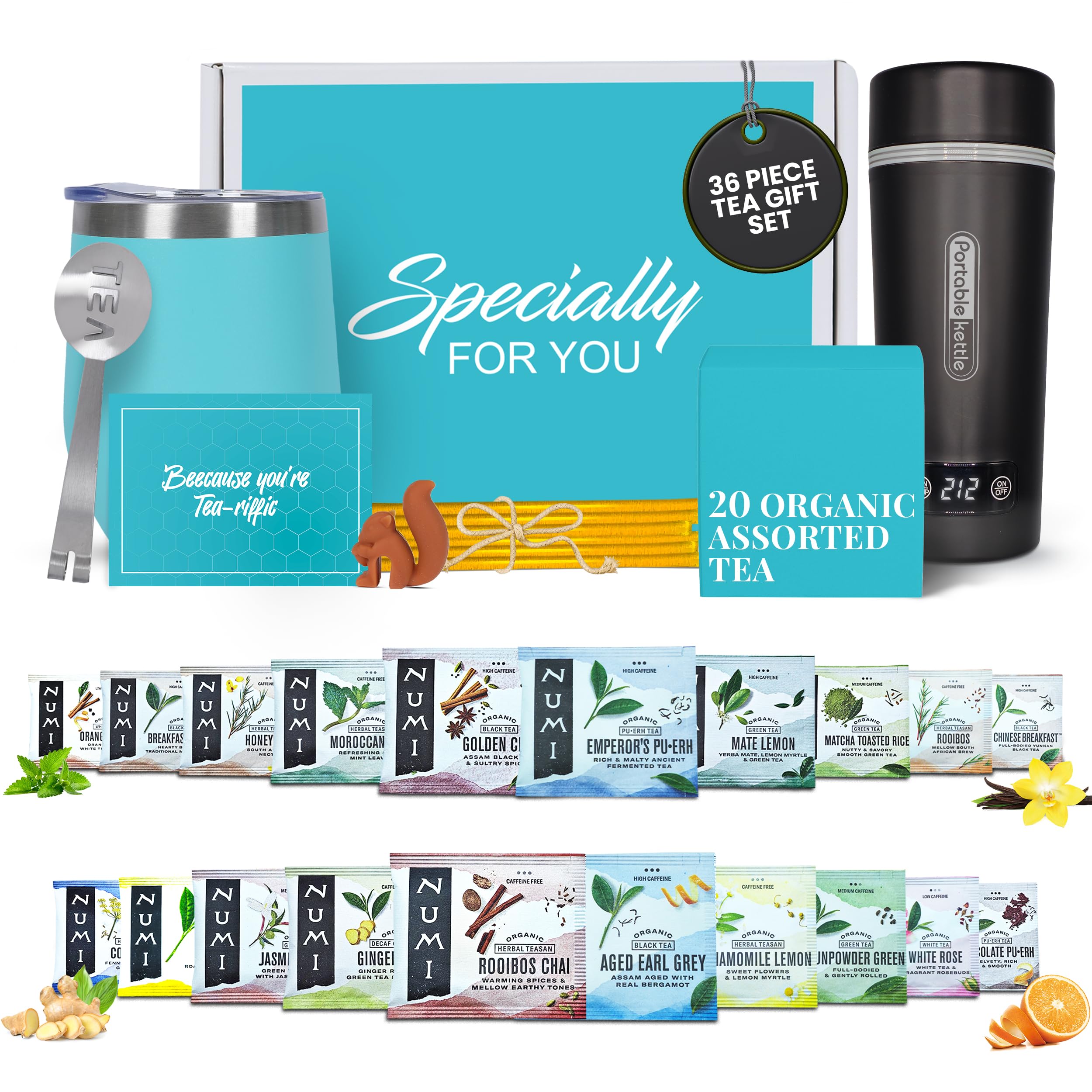 Organic Tea Gift Set with Portable Kettle - 36 Piece Tea Lovers Kit - Insulated Mug, Assorted Organic Teas, Honey Sticks & Accessories - Perfect for Home, Office & Travel Brewing