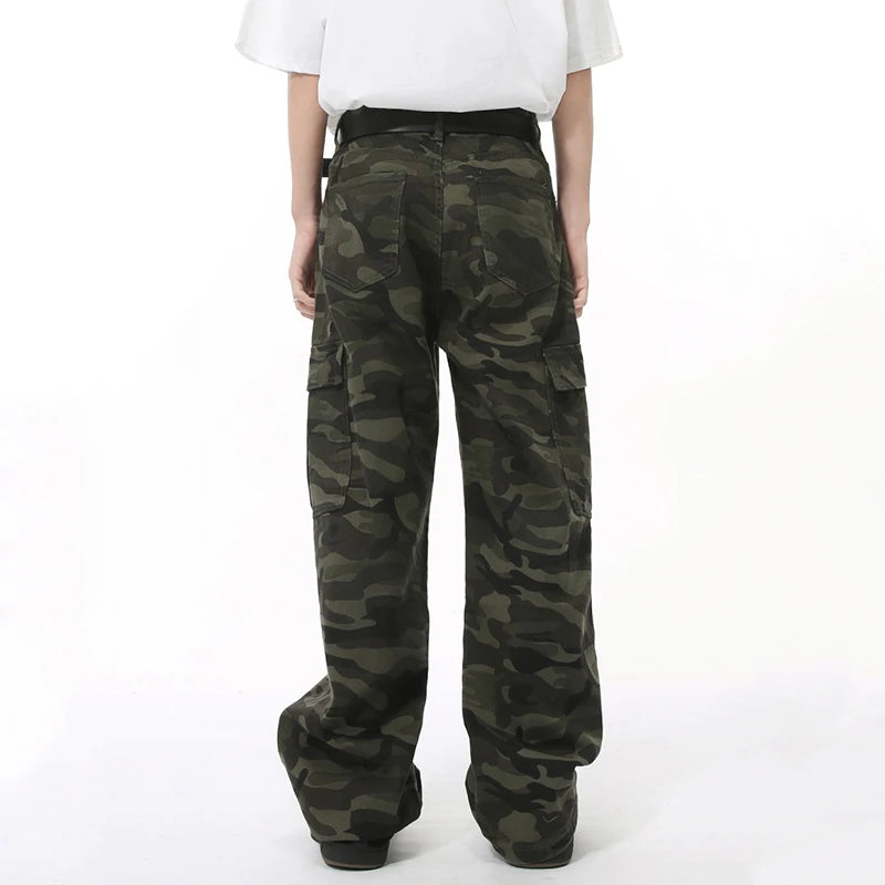 American Style Men's Denim Pants - Camouflage Print with Big Pockets, Straight Wide Leg Loose Fit Jeans for Casual Wear (Model 9C7508) | Perfect for Outdoor Adventures and Street Fashion