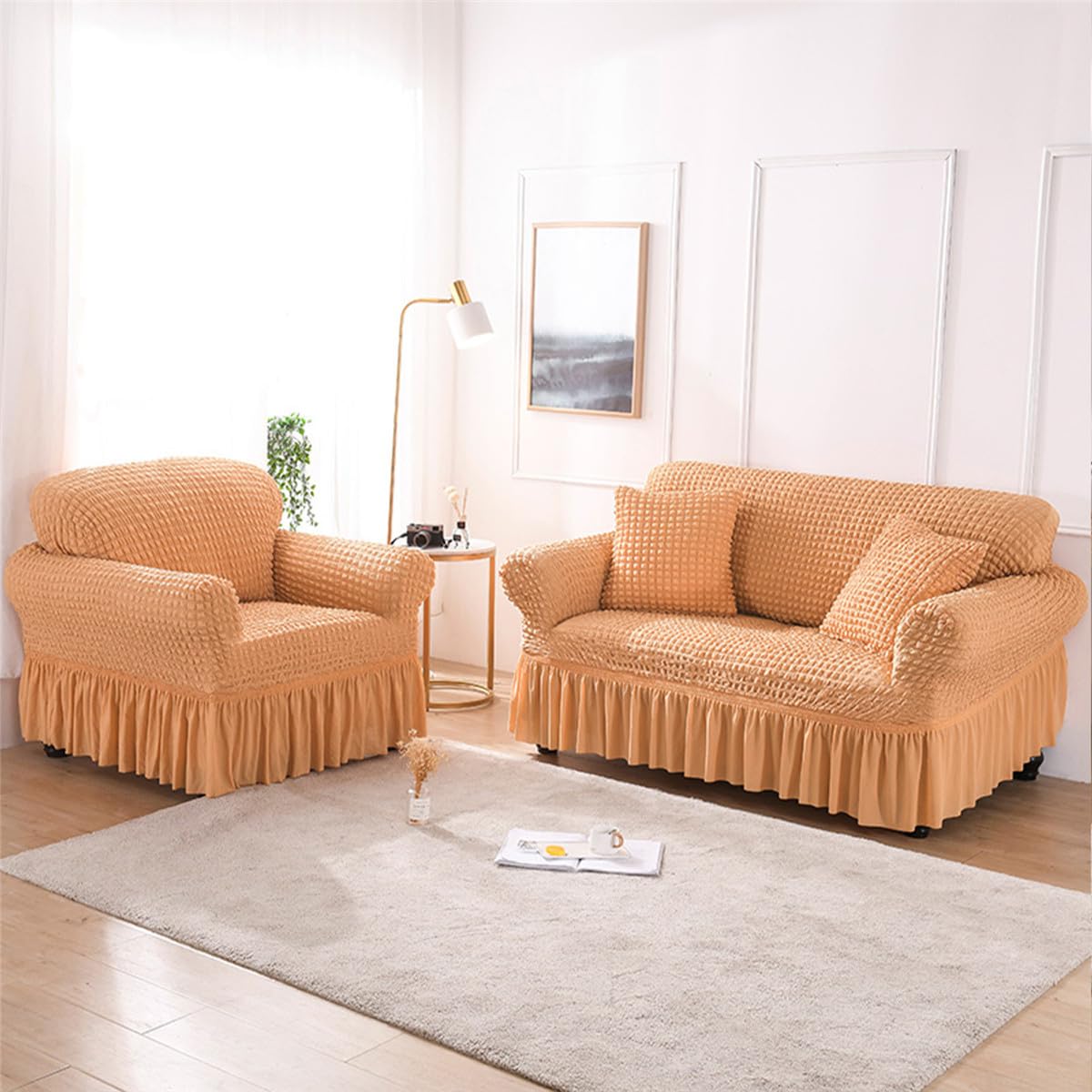 Qubjus Stretch Sofa Slipcover - Washable Couch Cover for Sofa & Bed - Elastic Bottom & Skirt - Furniture Protector - Orange XL - Perfect for Living Room, Family Room & Guest House Decor