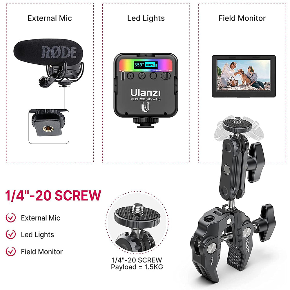 Ulanzi R094 Multi-Functional Super Clamp 2638 - Heavy Duty Camera Mount for DSLR, Smartphone, and Action Cameras - Perfect for Vlogging, Photography, and Video Shooting