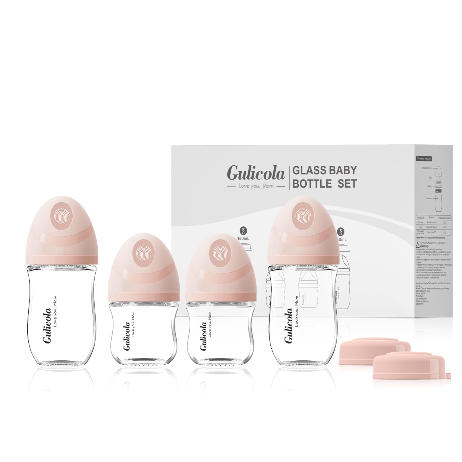Gulicola 4-Pack Natural Glass Baby Bottles for Newborns, Slow Flow Nipples, 3 oz & 5 oz (Pink) - Safe BPA-Free Feeding Bottles for Breastfeeding and Formula - Perfect for Daycare, Travel, and Home Use
