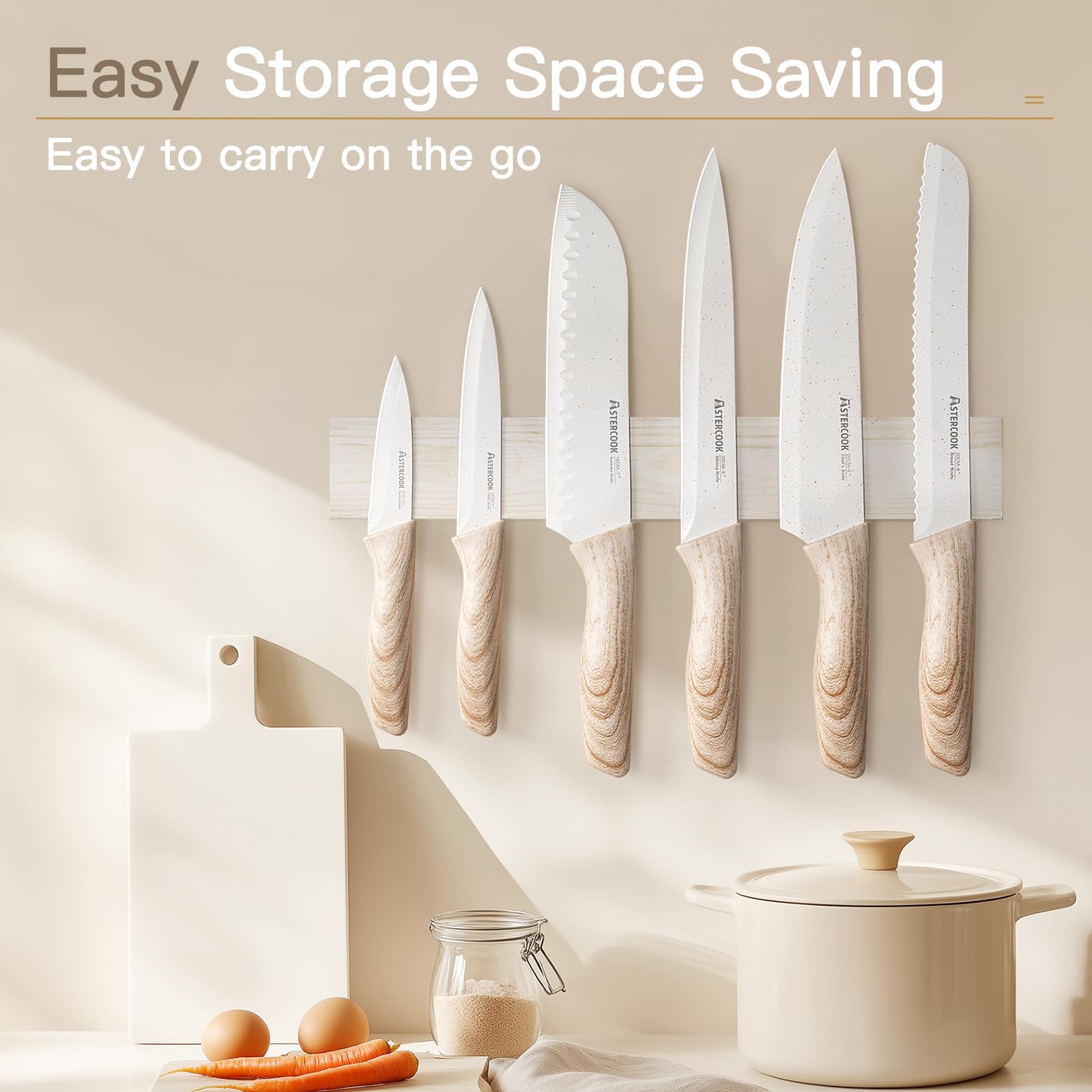 Astercook 13-Piece Ceramic Coated Stainless Steel Kitchen Knife Set with 6 Blade Guards - Wooden Handle, Dishwasher Safe - Perfect for Home Chefs, Cooking Enthusiasts & Professional Kitchens