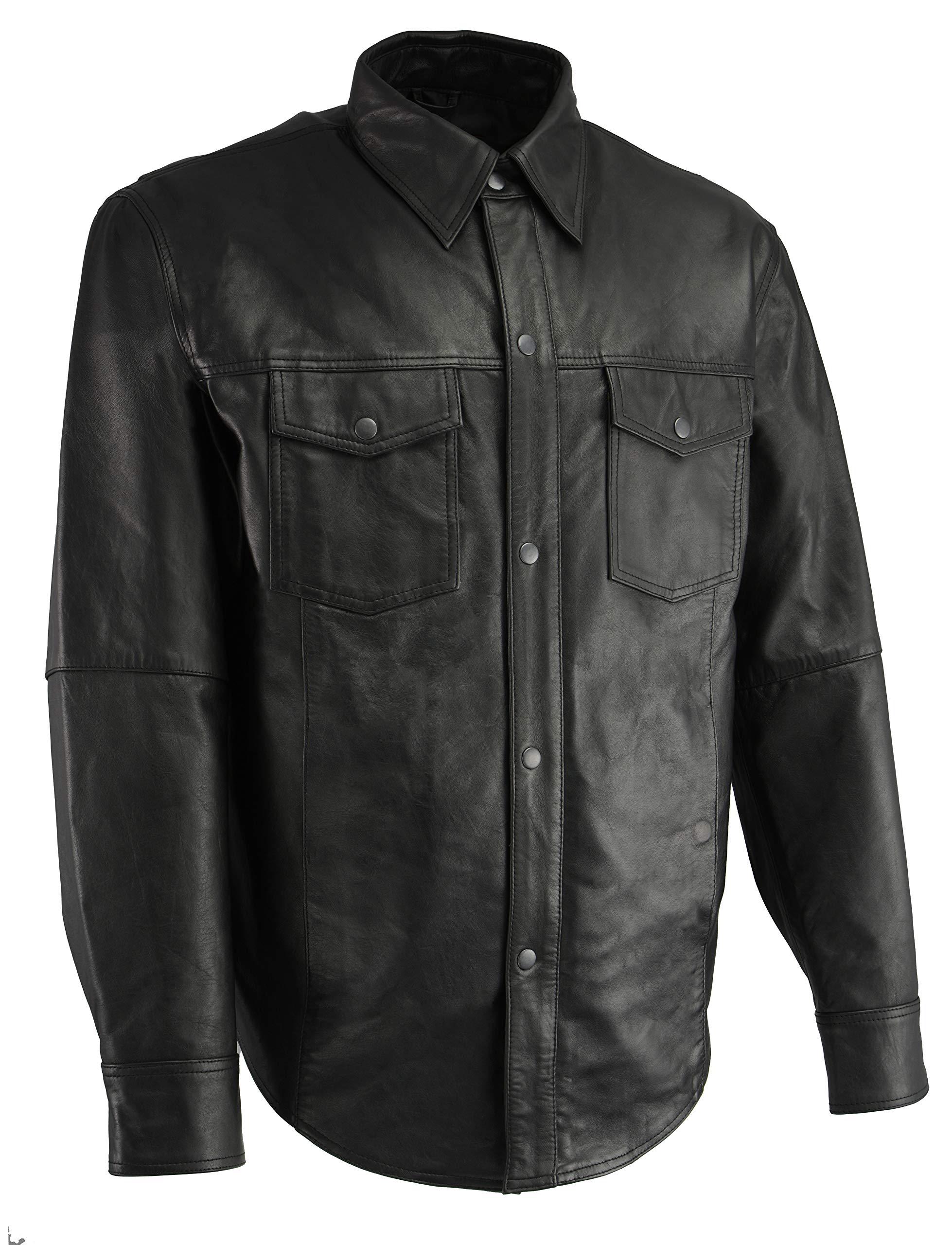 Men's Lightweight Casual Snap Button Real Leather Long Sleeve Shirt - Black (XL) | Perfect for Office, Date Night & Outdoor Activities