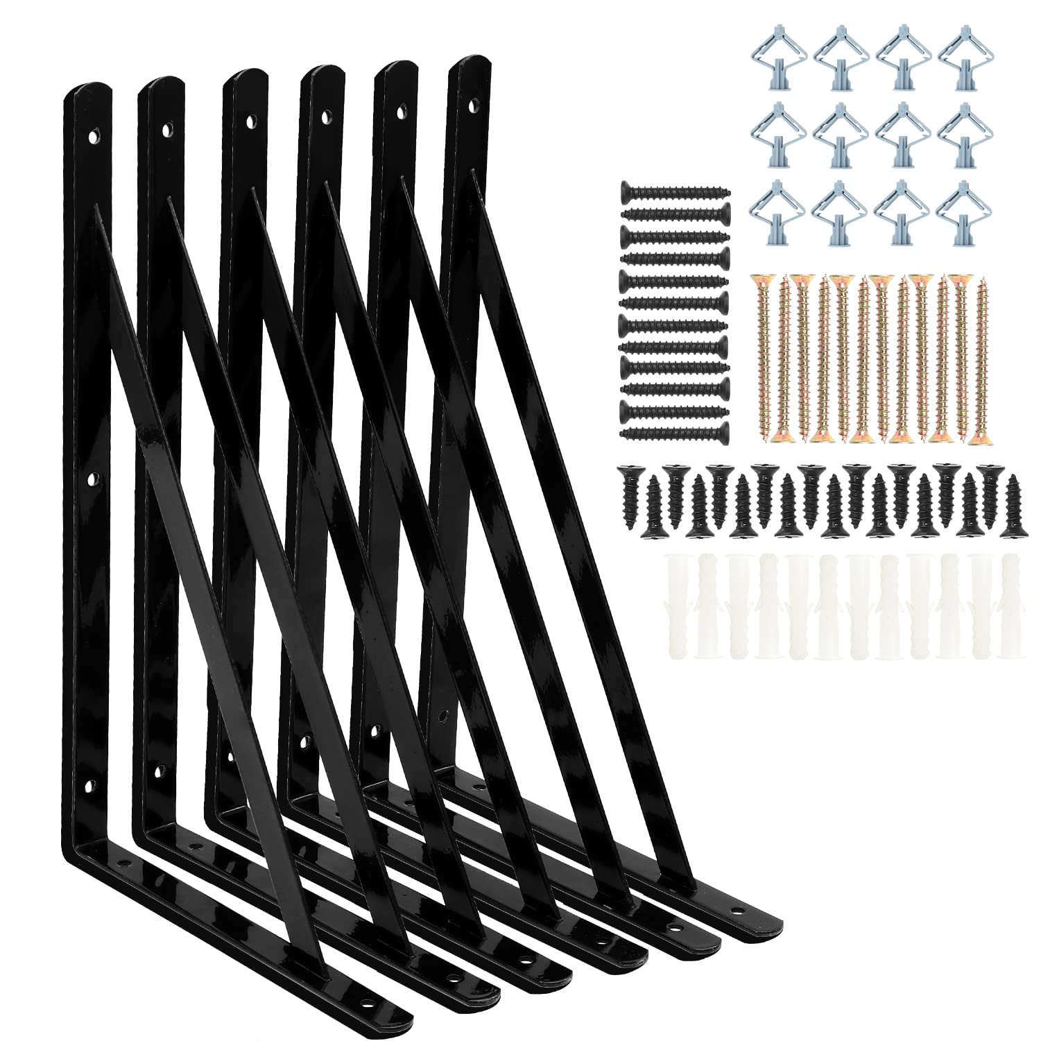 Heavy Duty Shelf Brackets 12x8 Inch (300x190mm) - 6 Pack Black Metal L Brackets with 90 Degree Angle for Wall Shelves | Perfect for Garage Storage, Kitchen Organization & Home Decor