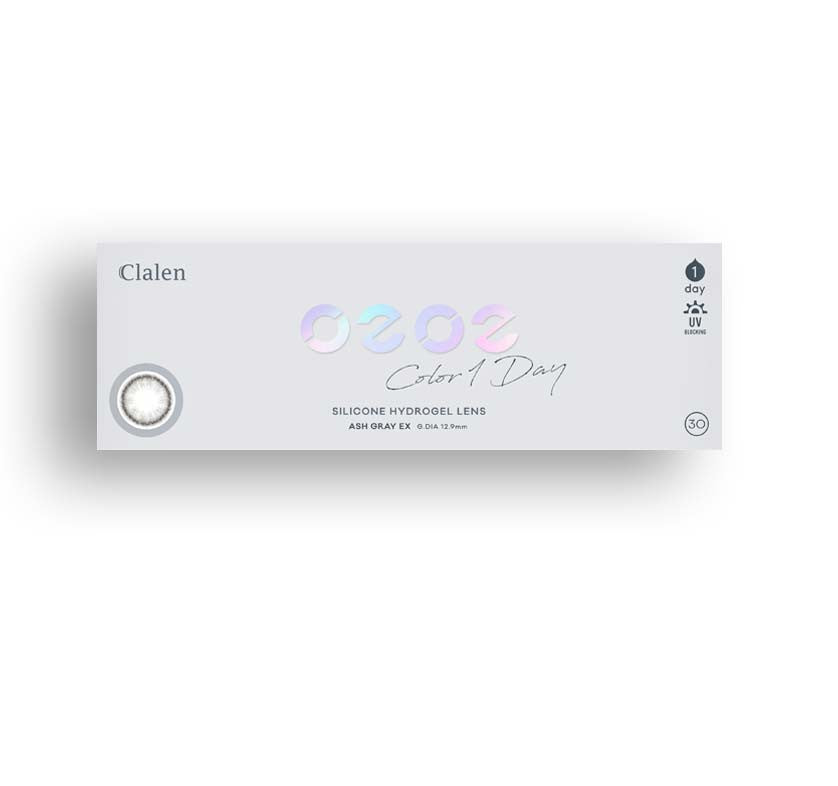 Clalen O2O2 Color 1Day Ash Gray EX (30pcs) Silicone Hydrogel Colored Contact Lenses - Natural Eye Color Enhancement for Daily Wear & Special Occasions