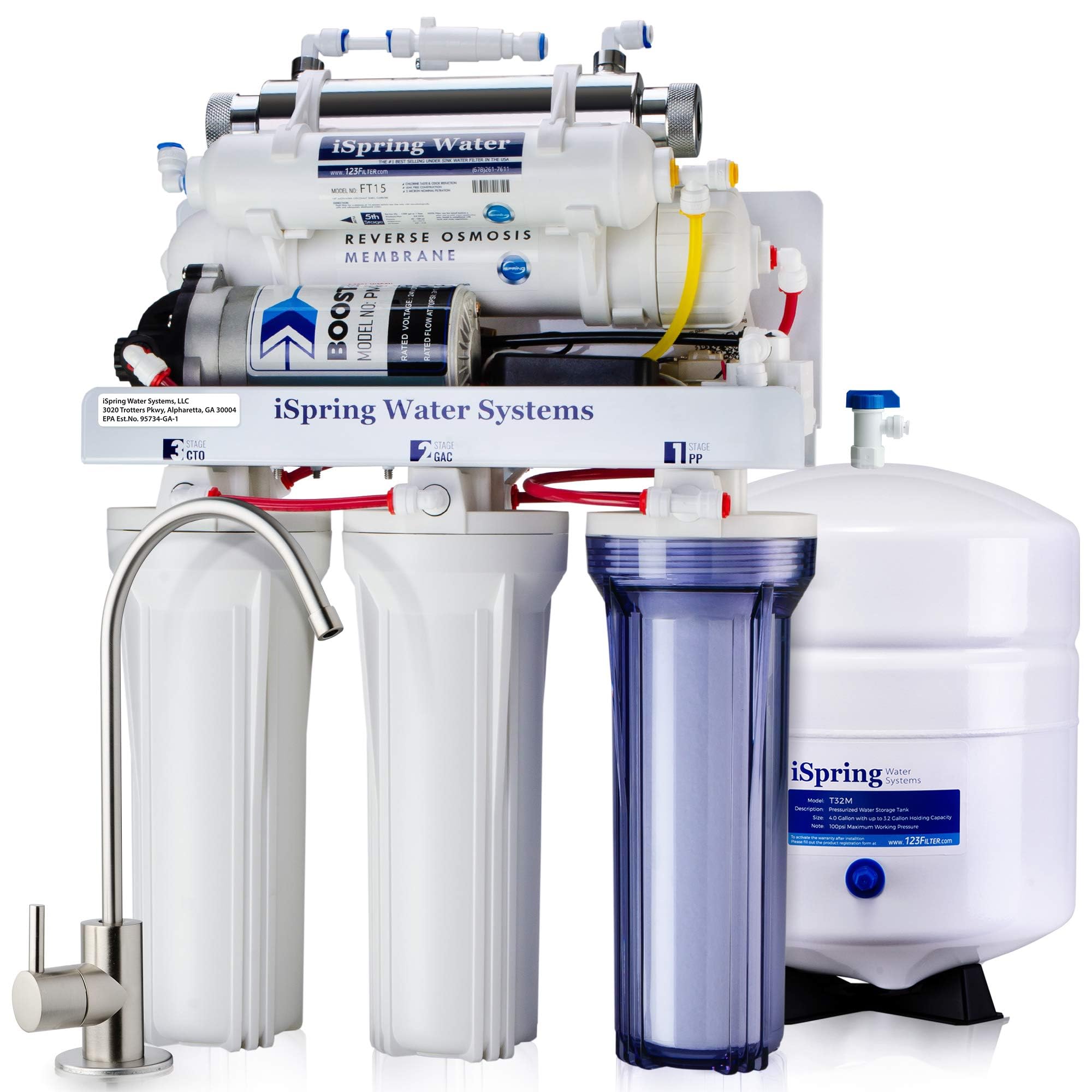 iSpring RCC1UP 6-Stage 100 GPD Under Sink Reverse Osmosis Water Filtration System with Booster Pump & UV Filter - Easy Installation Faucet for Clean Drinking Water | Perfect for Home, Office, and RV Use